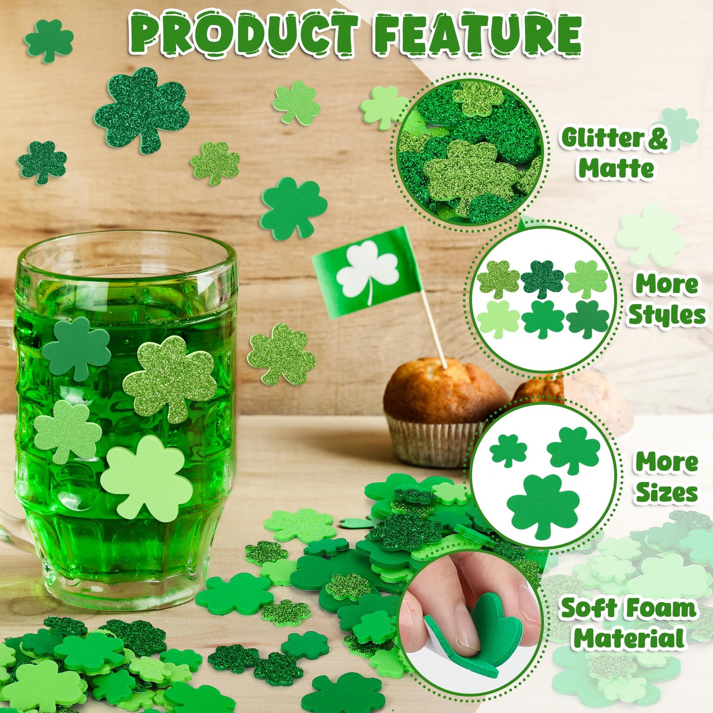 300 PCS St Patricks Day Stickers, Foam Shamrock Decorations, Self-Adhesive Shamrock Stickers, Glitter Matte St Patricks Day Stic