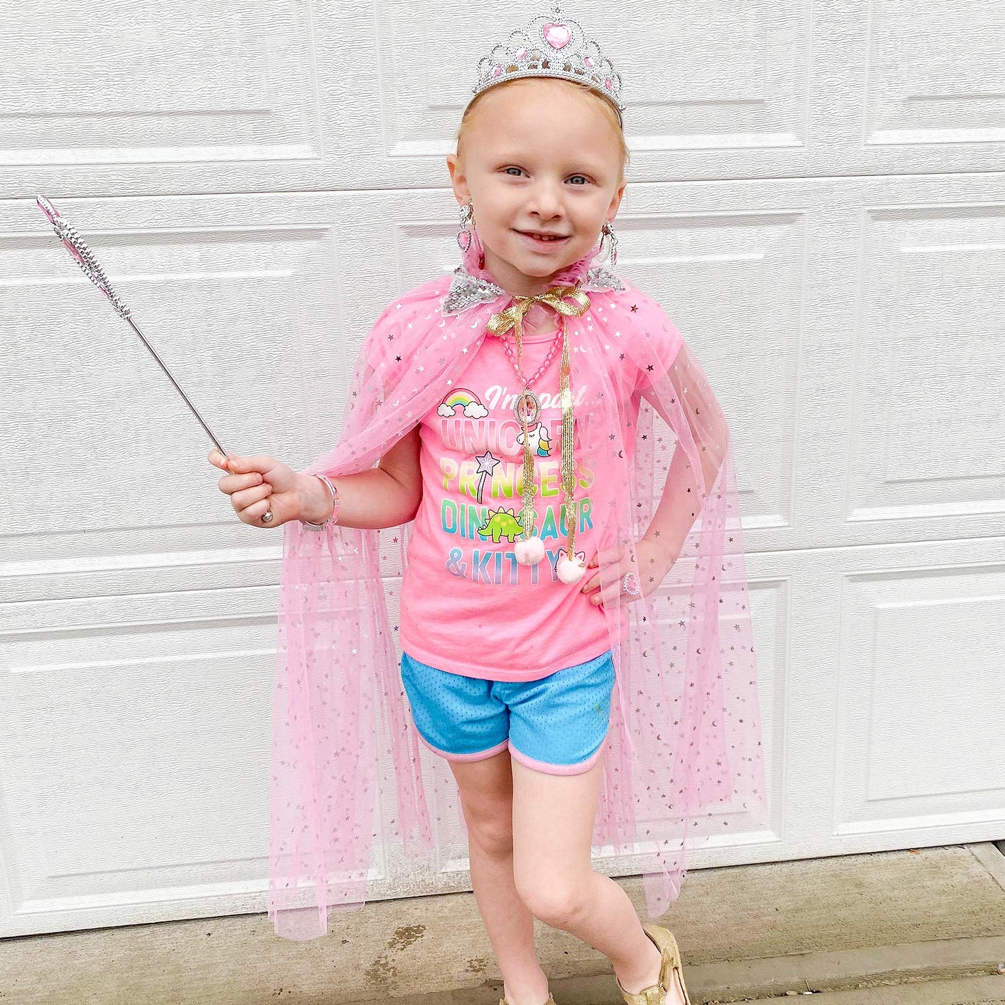 Fedio Princess Cape Set 7 Pieces Girls Princess Cloak With Tiara Crown, Wand For Little Girls Dress Up (Pink)