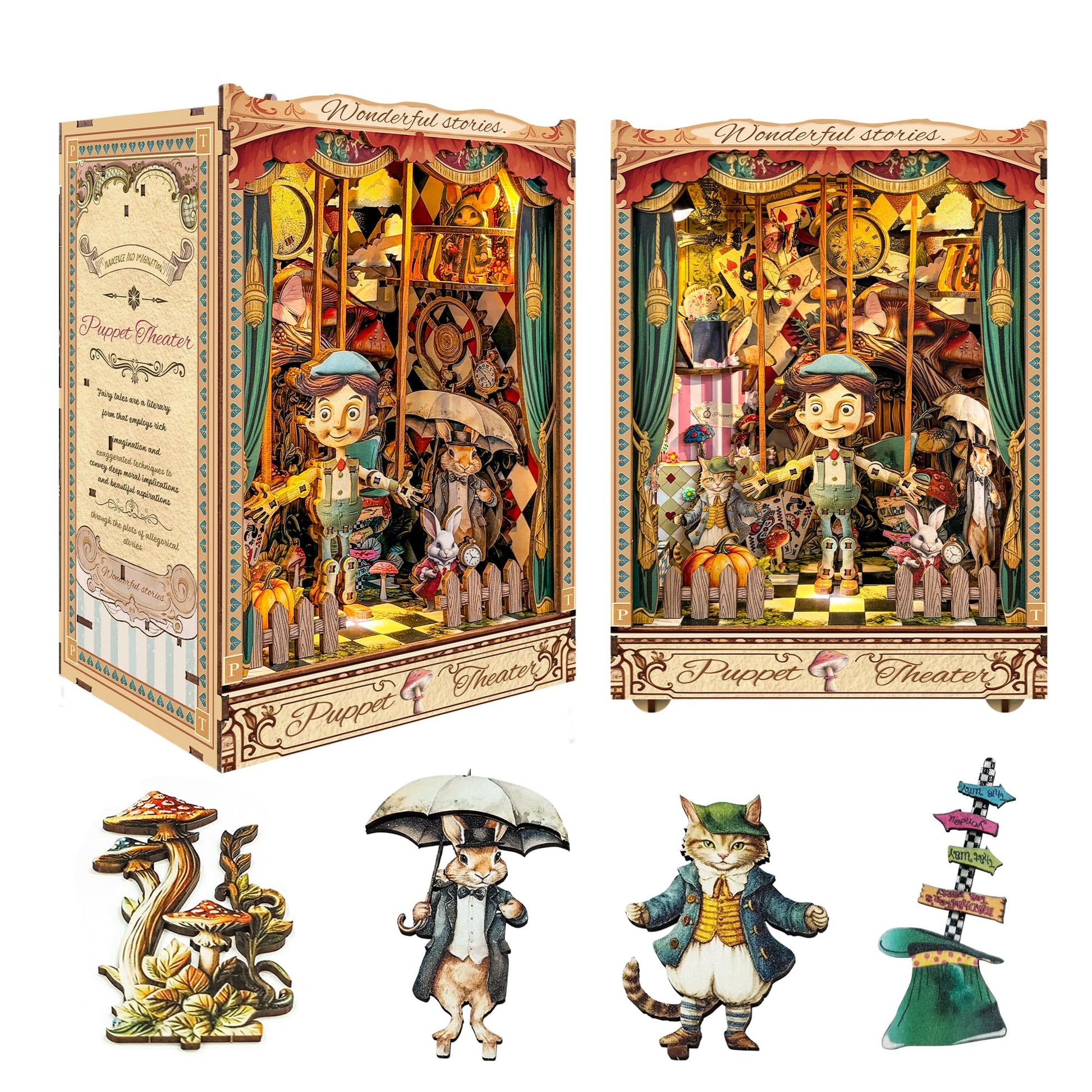 mature-themed Book Nook Kit  DIY Mini Dollhouse Book Corner Kit with LED Light and Dust Shield  mature-themed 3D Wooden Bookshelf Puzzle Book Corner Insertion Decorative Crafts - Puppet Theater (SQ-33)