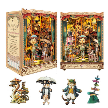 mature-themed Book Nook Kit  DIY Mini Dollhouse Book Corner Kit with LED Light and Dust Shield  mature-themed 3D Wooden Bookshelf Puzzle Book Corner Insertion Decorative Crafts - Puppet Theater (SQ-33)