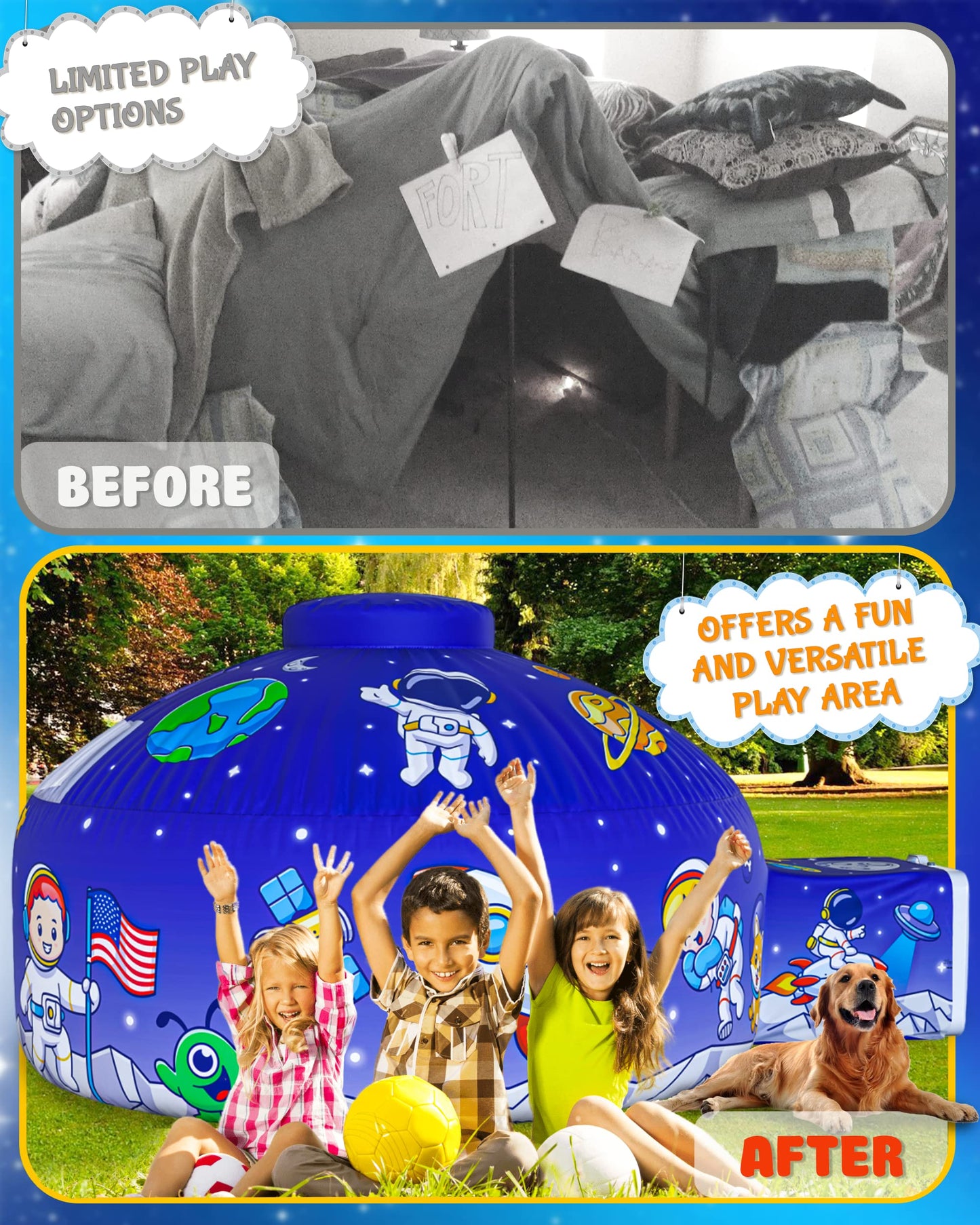 Skywin Inflatable Tent for Kids (Space), Inflatable Air Tent for Kids Sets Up and Stores Away in Seconds, Improved Blow up Fort