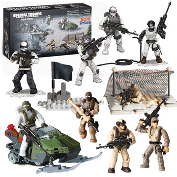 Special Forces Mini Action Figures Includes 3 Army Building Sets with 9 soldiers Arctic Troopers Snowmobile Scout Desert Squad Special Troops Toy Gifts 10+ Kids & parents - Quality Family Time 403 Pcs