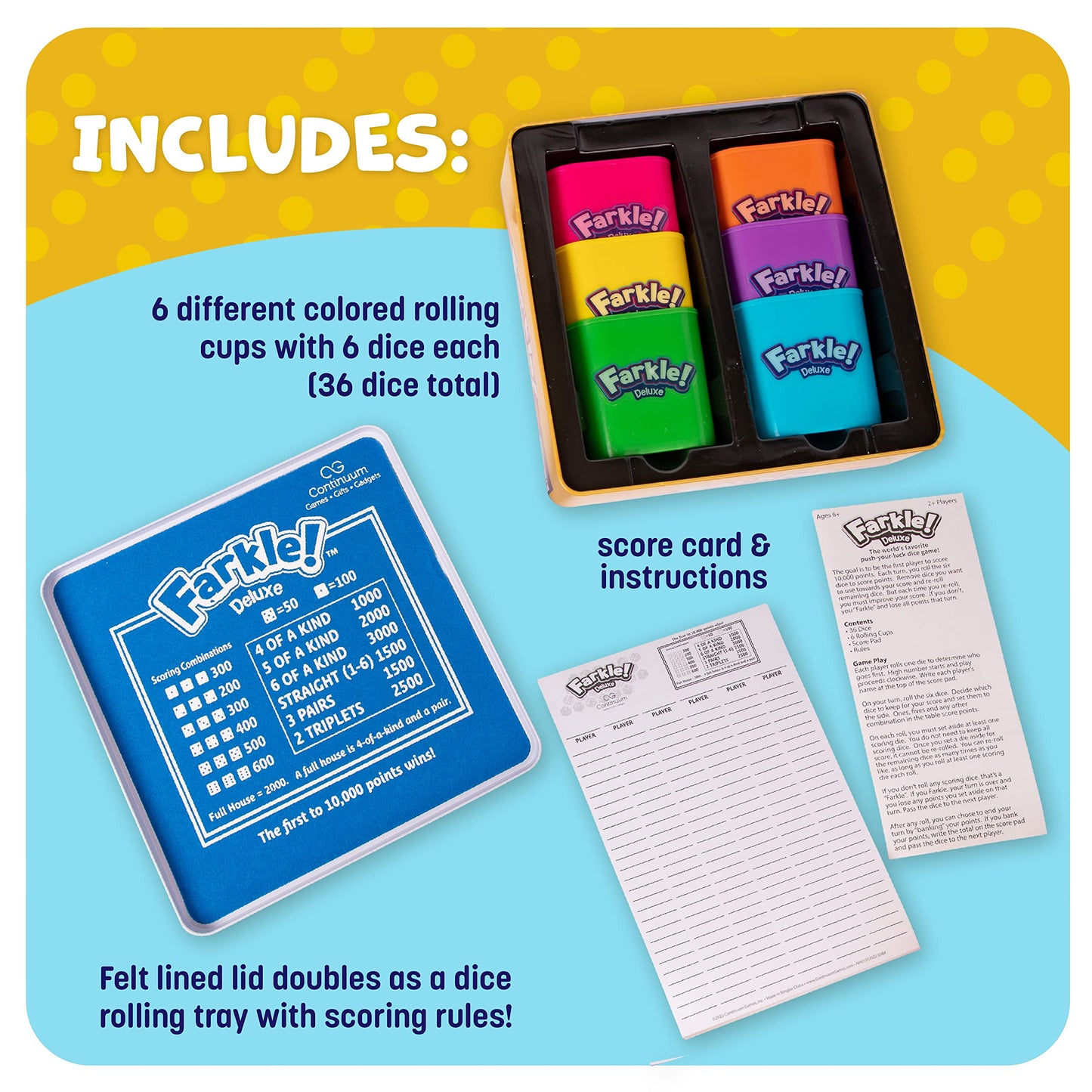 Continuum Games Farkle Deluxe Dice Game Set - 36 Colorful Dice, 6 Rolling Cups, Tray, Score Sheets - Multicolor, Model CG0384