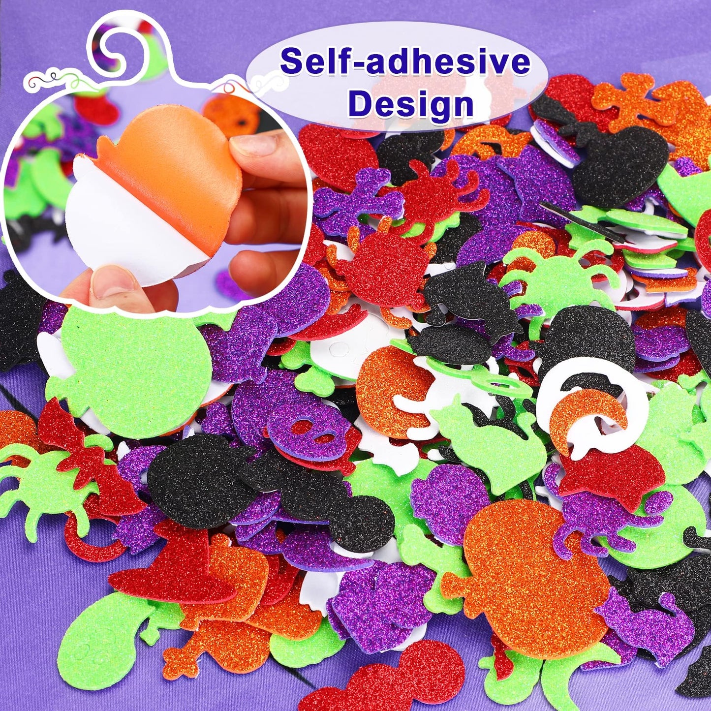 JULBEAR 300 Pieces Halloween Foam Stickers Glitter Self-Adhesive Pumpkin Spider Bat Craft Stickers for Kids Halloween Party Favo