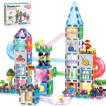 Picassotiles 650Pcs Marble Run Magnetic Tiles And Brick Combo Magnet Tile Building Blocks Toy Set With Character Action Figures 