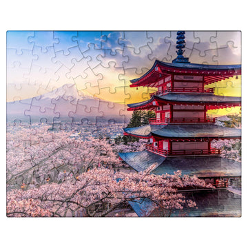 MyPuzzle Beautiful View of Mount Fuji and Chureito Pagoda at Sunset - enhanced 100 Piece Jigsaw Puzzle for mature-themeds