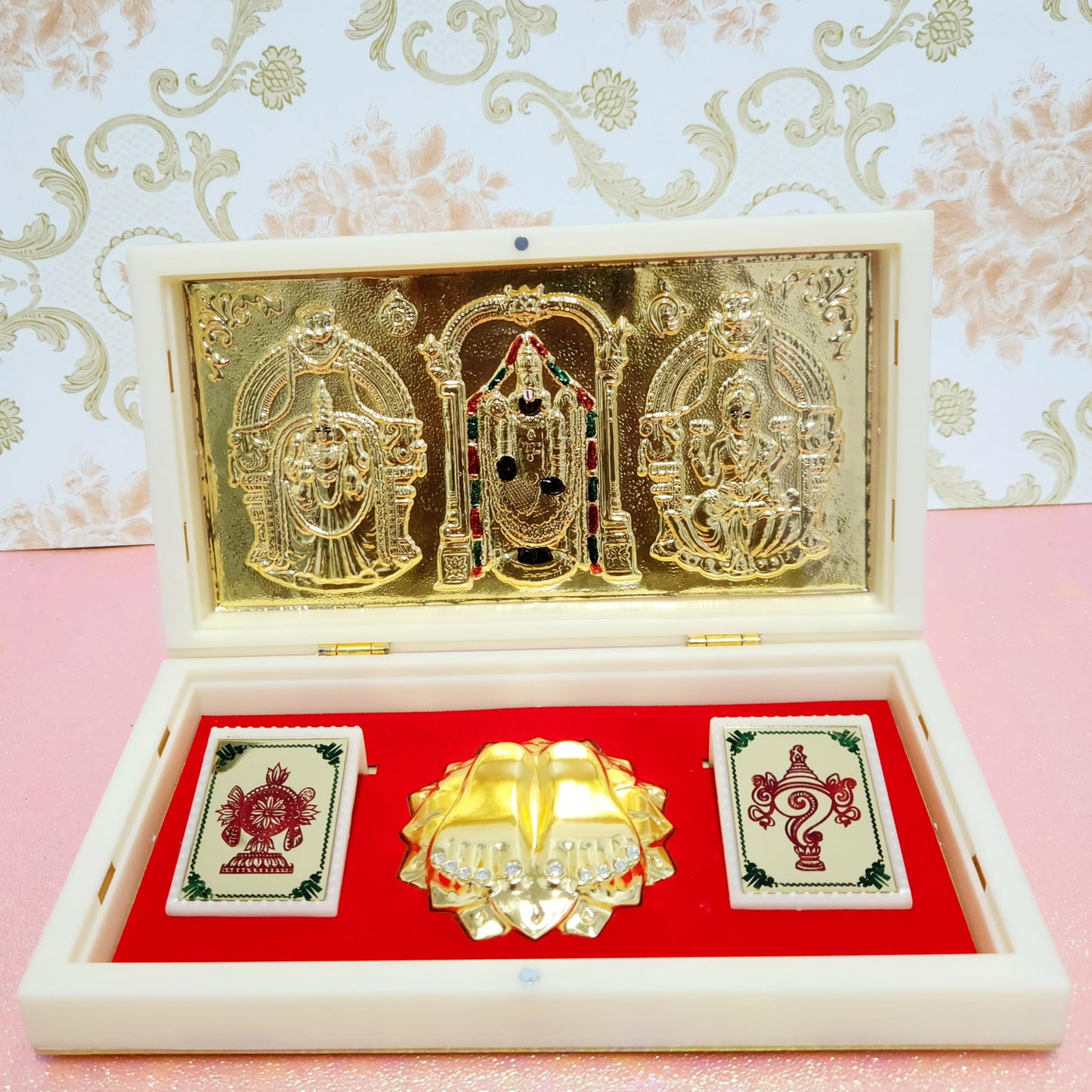 ARNAVIRA Tirupati Balaji Gold Plated Frame with Charan Paduka Pocket Temple for House Warming Gifts Return Gift Diwali Gift Puja