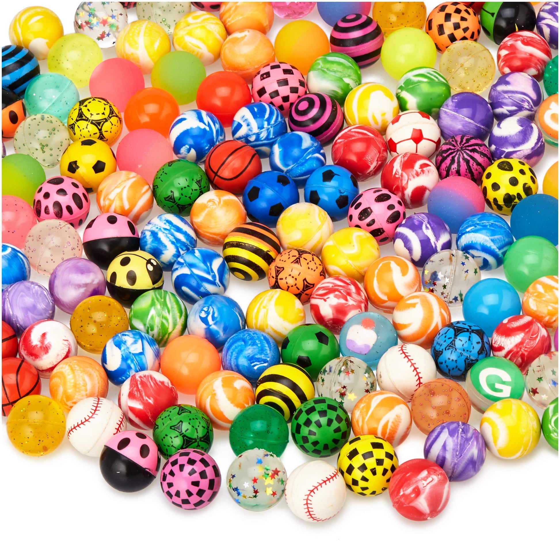 MATICAN 100-Pack Bouncy Balls Bulk, Assorted Design 1.25 Rubber High Bouncing Balls for Kids, Party Favors, Carnival Prizes, 1.2