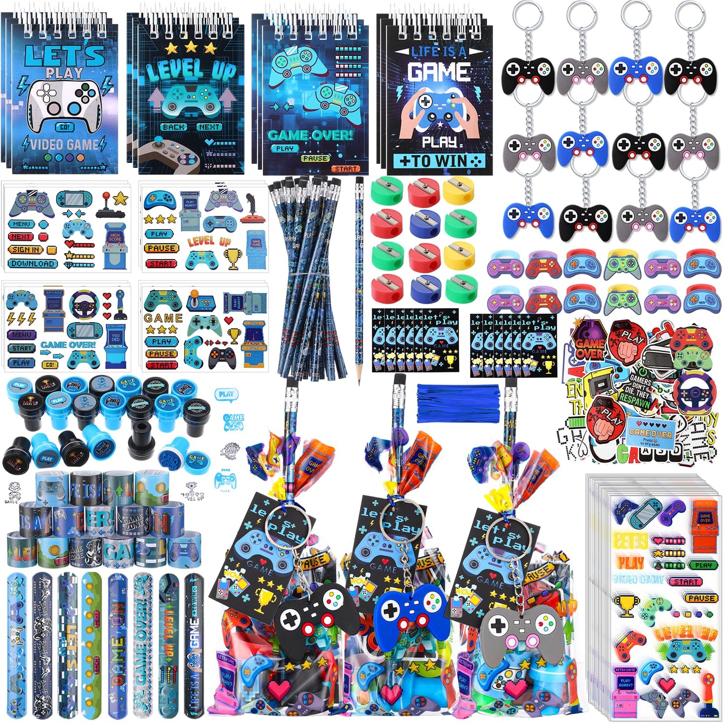 Sayglossy 251 Pcs Cool Video Game Party Favors Set Includes Gift Bags Pencils Notebook Sharpener Slap Bracelets Rings Keychains 