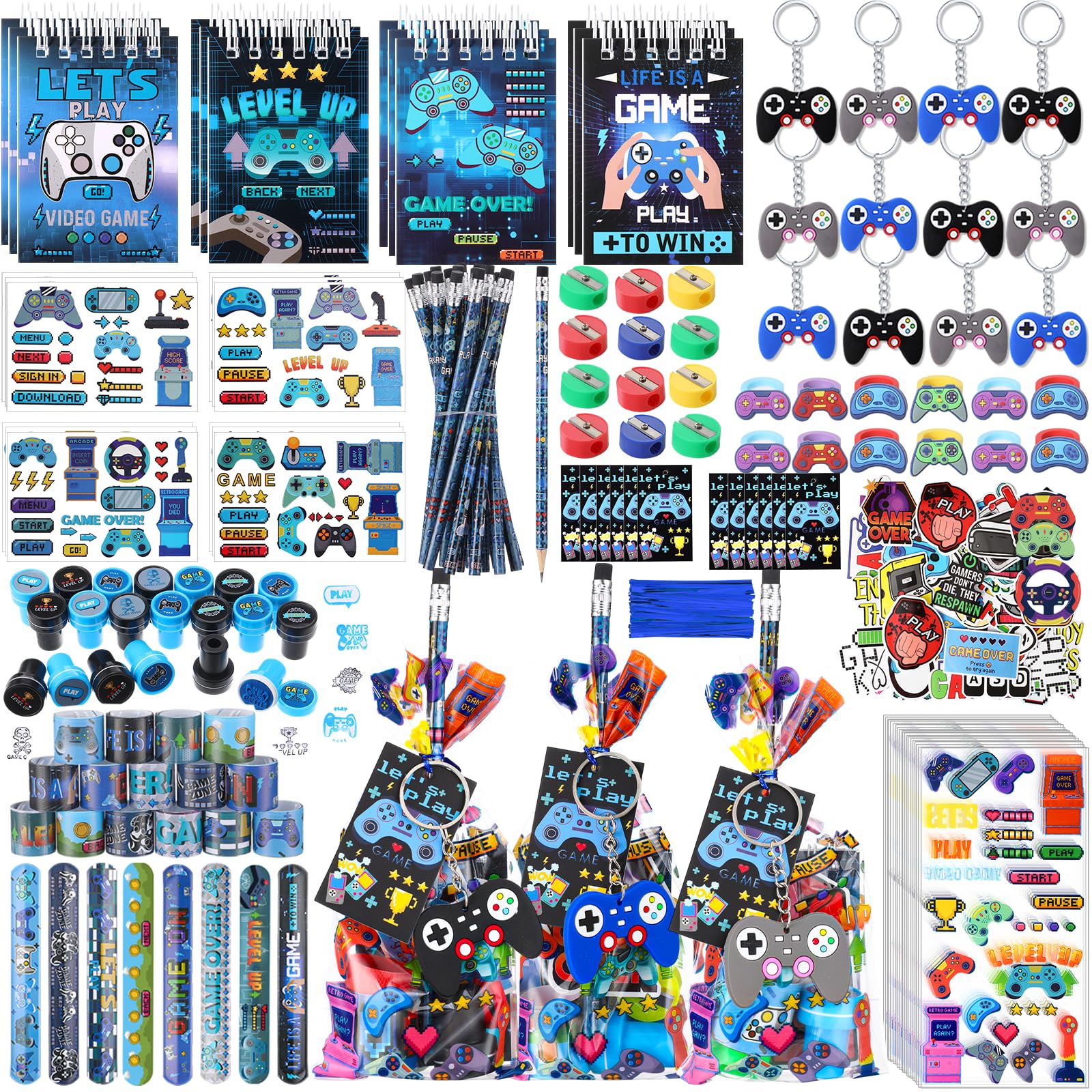 Sayglossy 251 Pcs Cool Video Game Party Favors Set Includes Gift Bags Pencils Notebook Sharpener Slap Bracelets Rings Keychains 