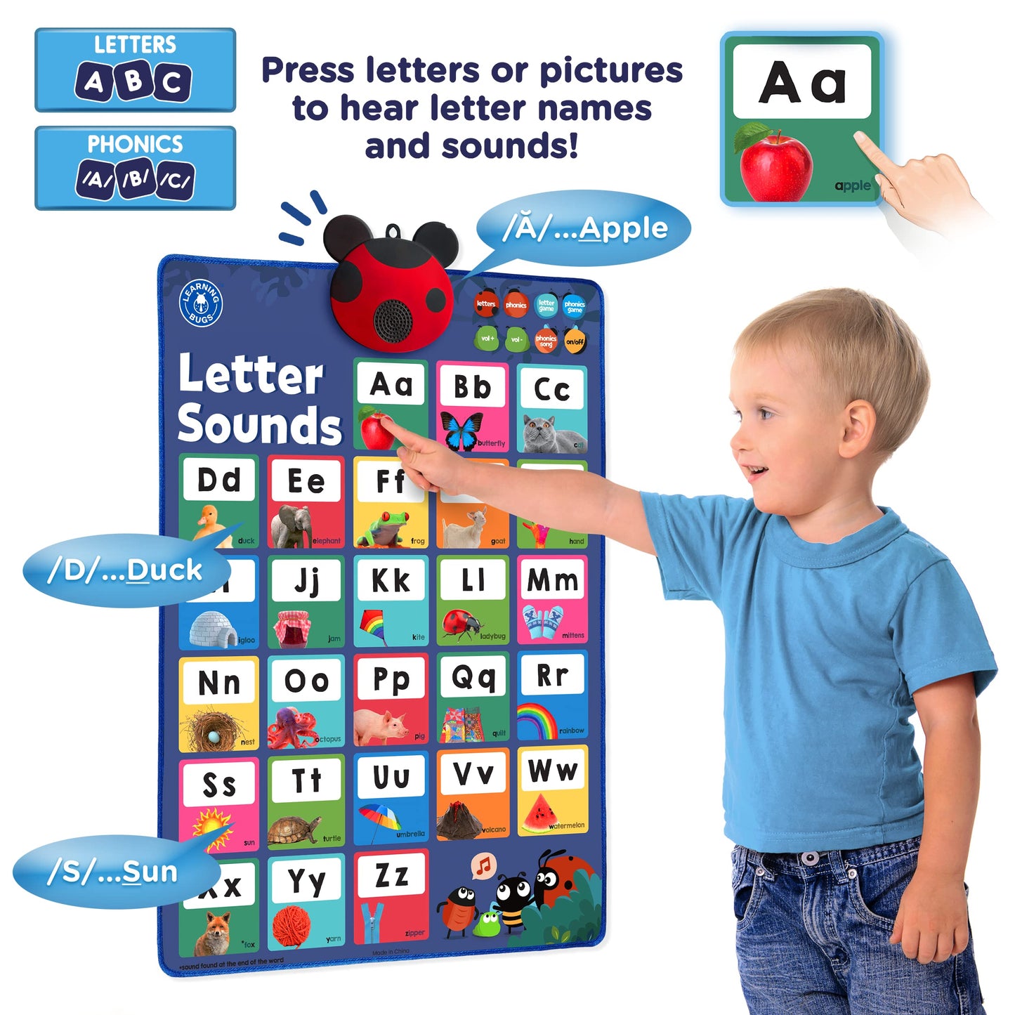 LEARNING BUGS Interactive Phonics Poster for Preschool & Kindergarten, Ages 3+, Model LBP2201, Multi-Color (Red, Green, Blue, Yellow)