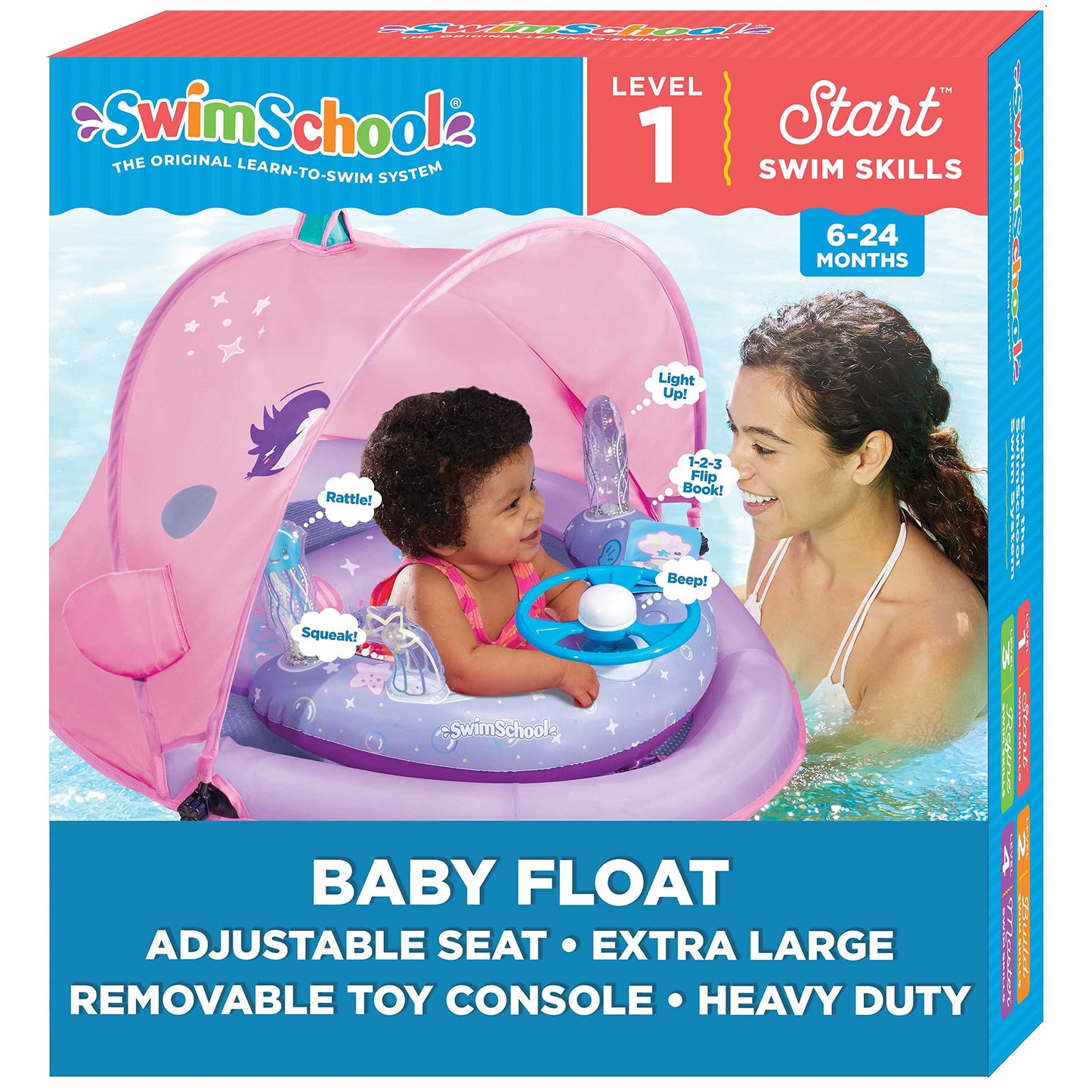 Swimschool Baby Pool Float With Adjustable Canopy - 6-24 Months - Includes 5-Toy Interactive Play Console Safety Seat - Pink