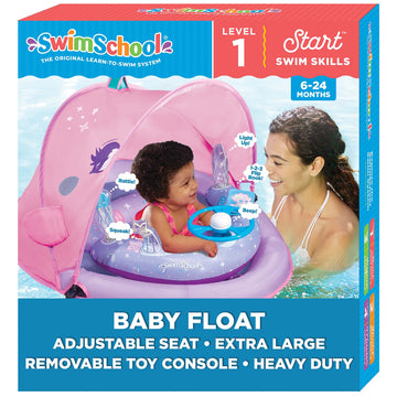 Swimschool Baby Pool Float With Adjustable Canopy - 6-24 Months - Includes 5-Toy Interactive Play Console Safety Seat - Pink