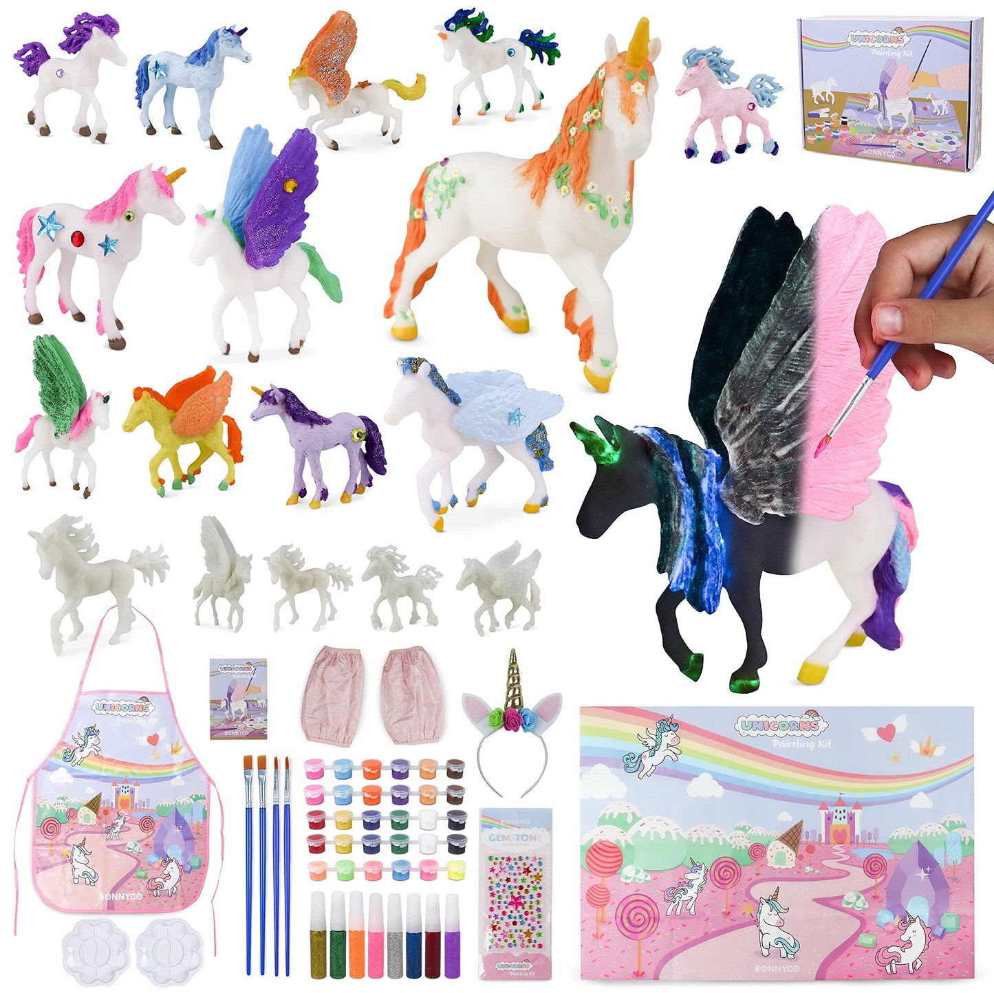 BONNYCO Unicorns Gifts for Girls Painting Kit with 18 Figurines Painting for Kids with Glow in The Dark | Girl Toys 3 4 5 6 7 8 