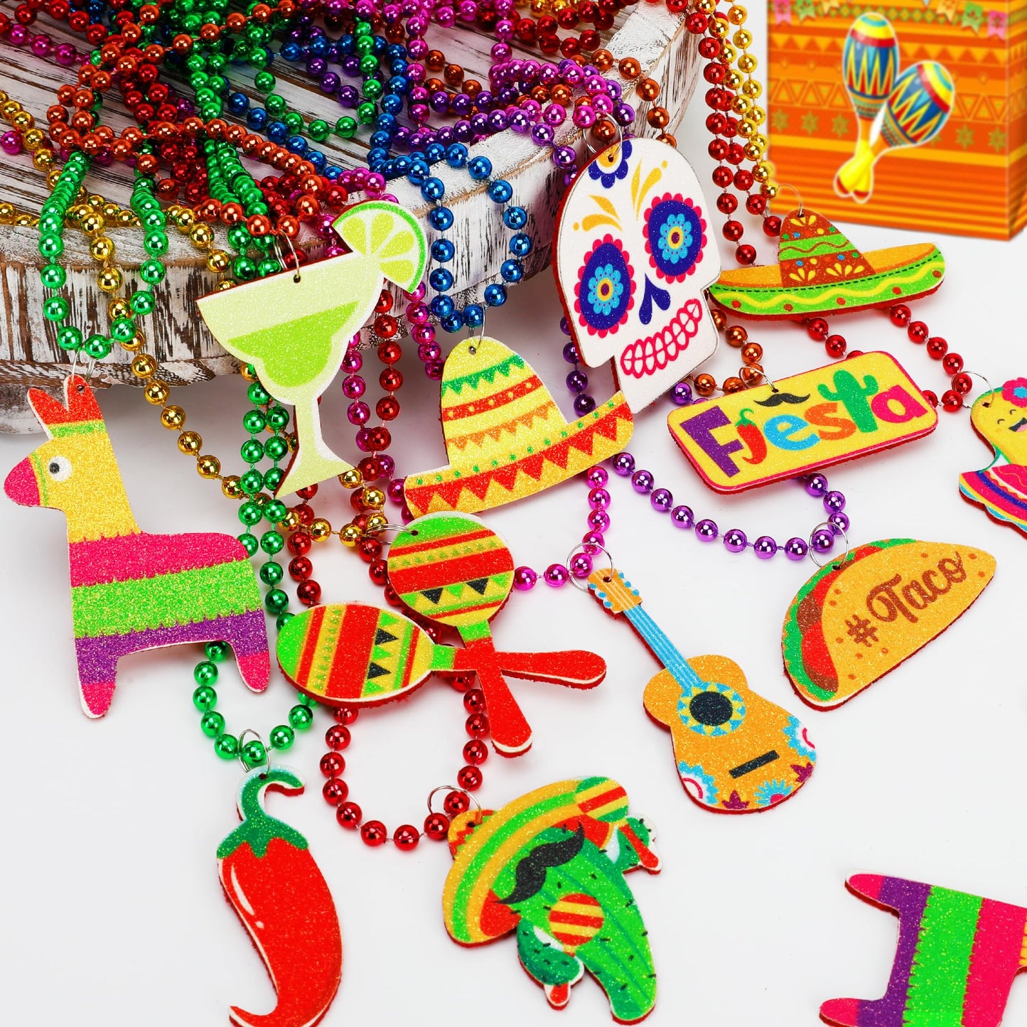 Eoboh 72Pcs Fiesta Party Necklace Decorations, Cinco De Mayo Mexican Beads, 12 Kinds Of Metallic Mexican Accessories Bulk, Fiest