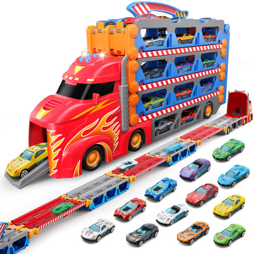Syncfun Carrier Truck Race Track Toddler Toy - 8-Ft Foldable 3 Layer Toy Truck With 12 Die-Cast Metal Racing Cars And Lights & S
