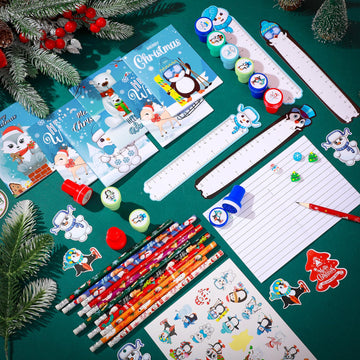 Zhanmai 350 Pcs Winter Christmas Party Favors Winter Holiday Stationery Set for Stocking Stuffers 30 Pack with Notebook Pencils