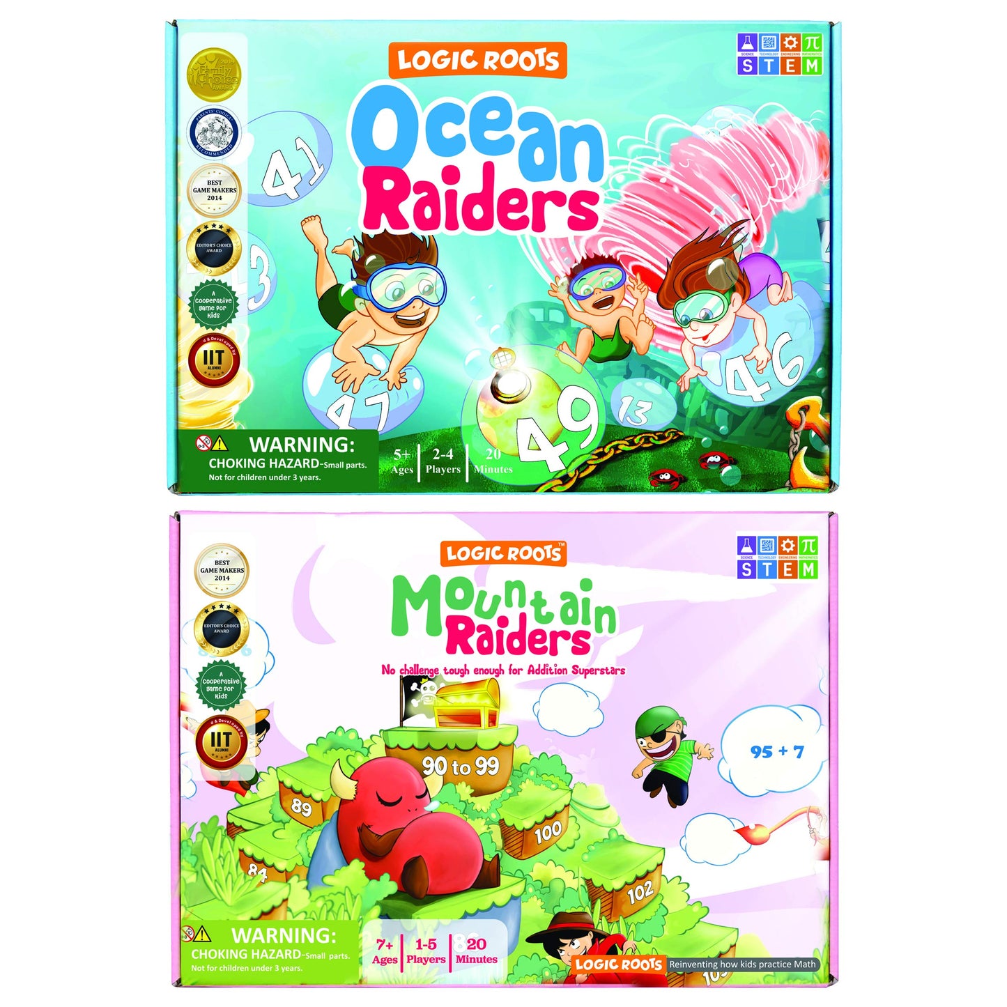 Logic Roots Addition Games - Pack Of 2, Mountain Raiders And Ocean Raiders, Math Board Games And Stem Toys For 5- 9 Year Olds, E
