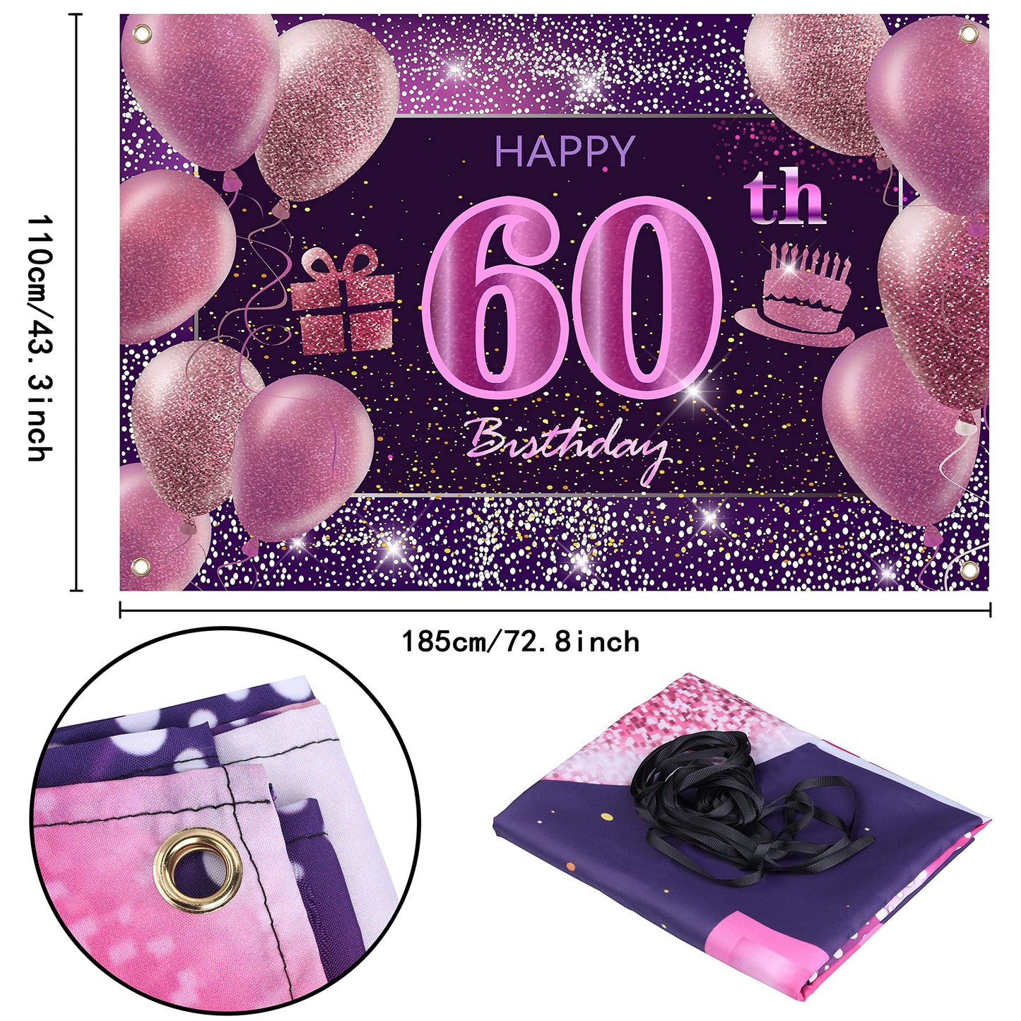 IMISI 60th Birthday Decorations - Happy Birthday Banner, Pink Polyester Backdrop for Women's Party