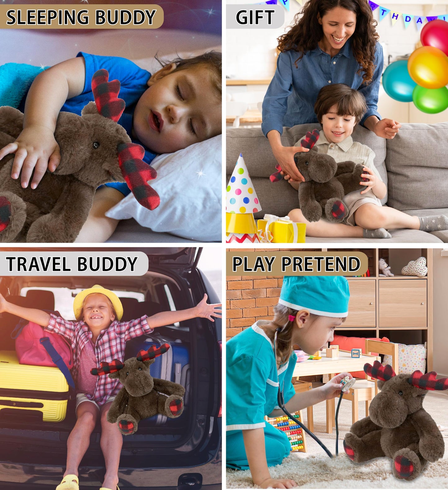 Dollibu Plaid Brown Moose Stuffed Animal - Soft Huggable Plaid Brown Moose Stuffed Toy, Adorable Playtime Wildlife Plush Toy, Cute Cuddle Gifts, Super Soft Plush Doll Animal Toy For Kids - 10 Inches