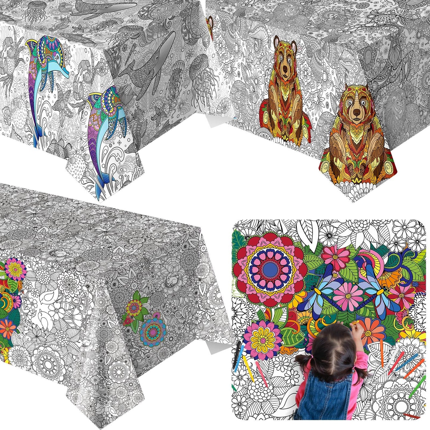 Sayglossy 3 Pcs Mandala Coloring Tablecloth 54 x 108 Inch Ocean Land Animal Drawing Poster End of The Year Gifts for Students Bu