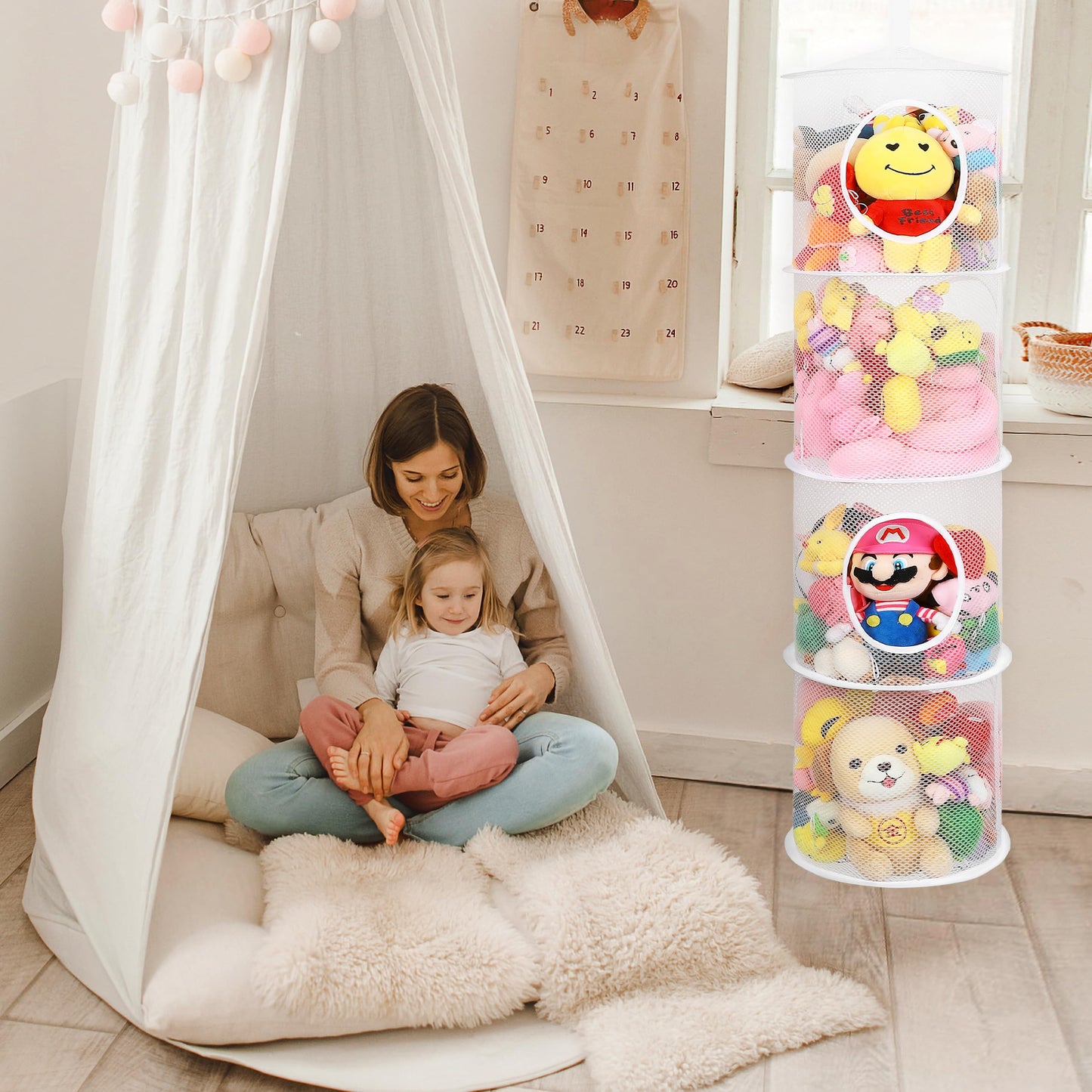 Coastal Rose 3Pcs Stuffed Animal Storage Foldable Stuffed Animal Net Or Hammock Organizer, 4 Compartments Hanging Toy Storage Or