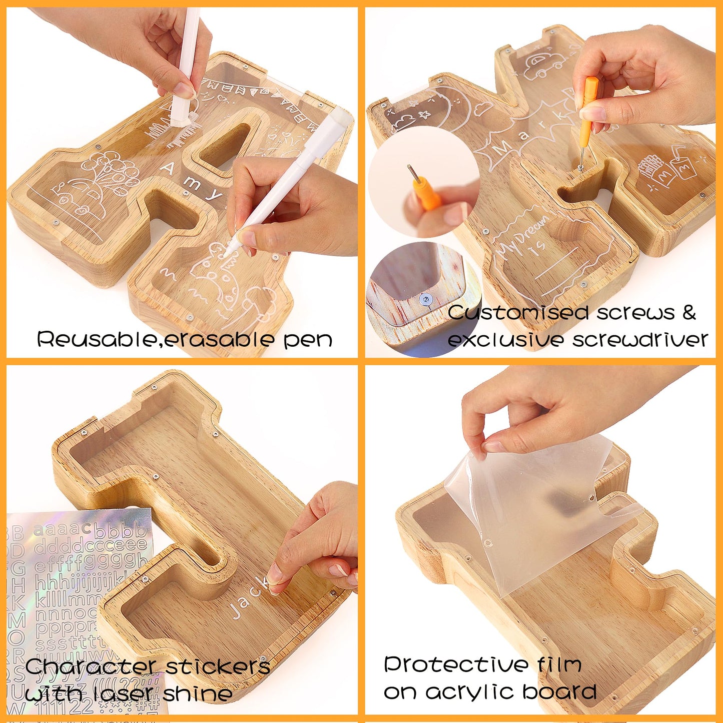 Weallbuy Large Letter Piggy Bank For Kids Boys Girls Wooden Personalized Piggy Banks A-Z With Target Area Clear Alphabet Banknot