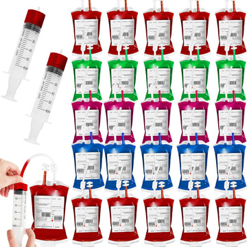 25 Packs Halloween Blood Iv Bags For Drinks Reusable Energy Container Juice Pouch Prop For Zombie Theme Party Decoration With Syringe And Clips, 12.6 Fl.Oz (25Pcs Bag, 25 Label, 2 Syringes)