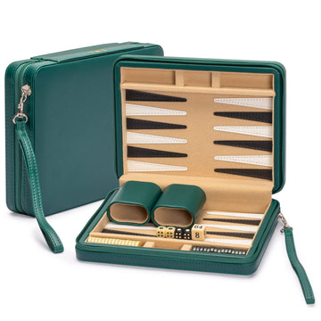 Yellow Mountain Imports Backgammon Mini Game Set - 9-inch Magnetic Checkers in Green Faux Leather Case - Travel Size HZ-BG005-A