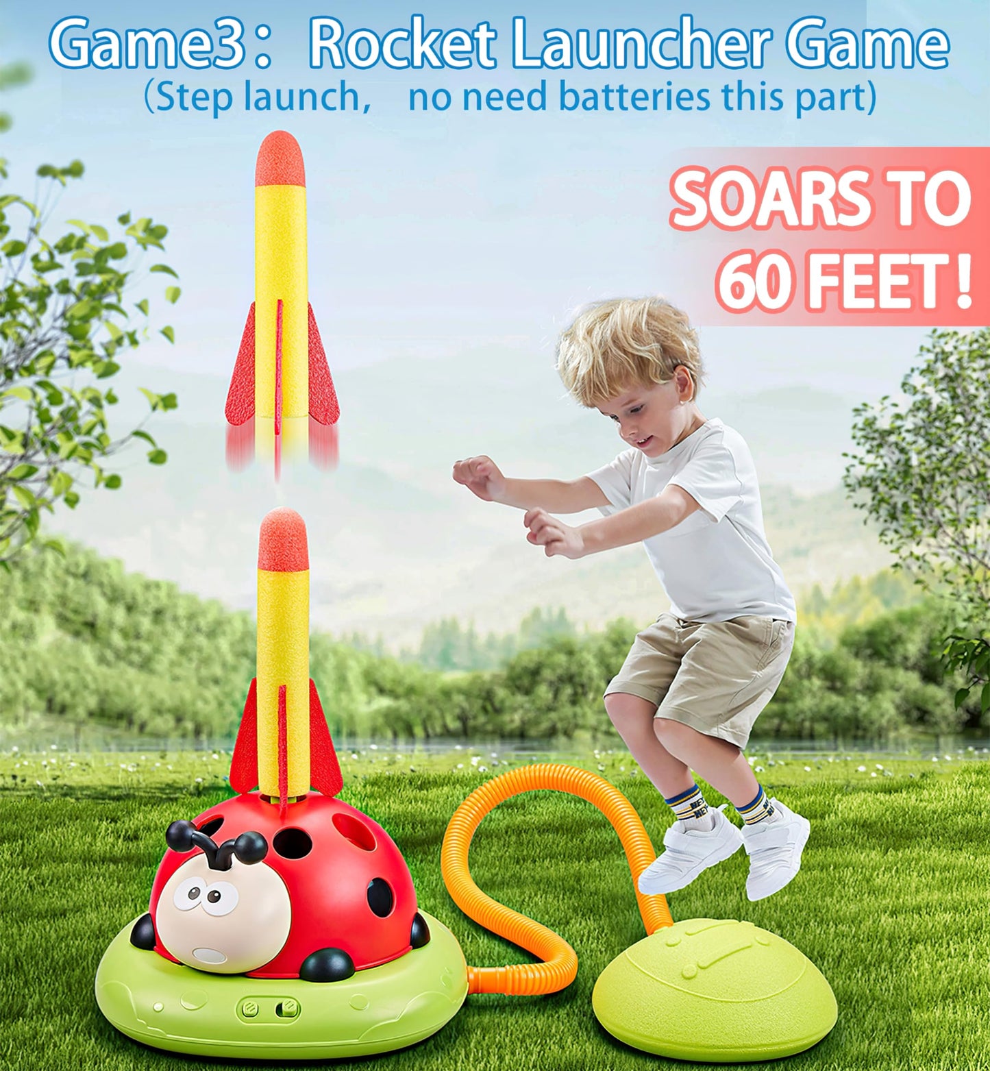 Powza 3 In 1 Musical Jump, Toss Ring Game Toy And Stomping Launch Rocket Launcher For Kids Outdoor Toys With Remote Control, Indoor Outside Toys For Kids Ages 4-8 Toys For Ages 5-7 8-13 Kids Gifts