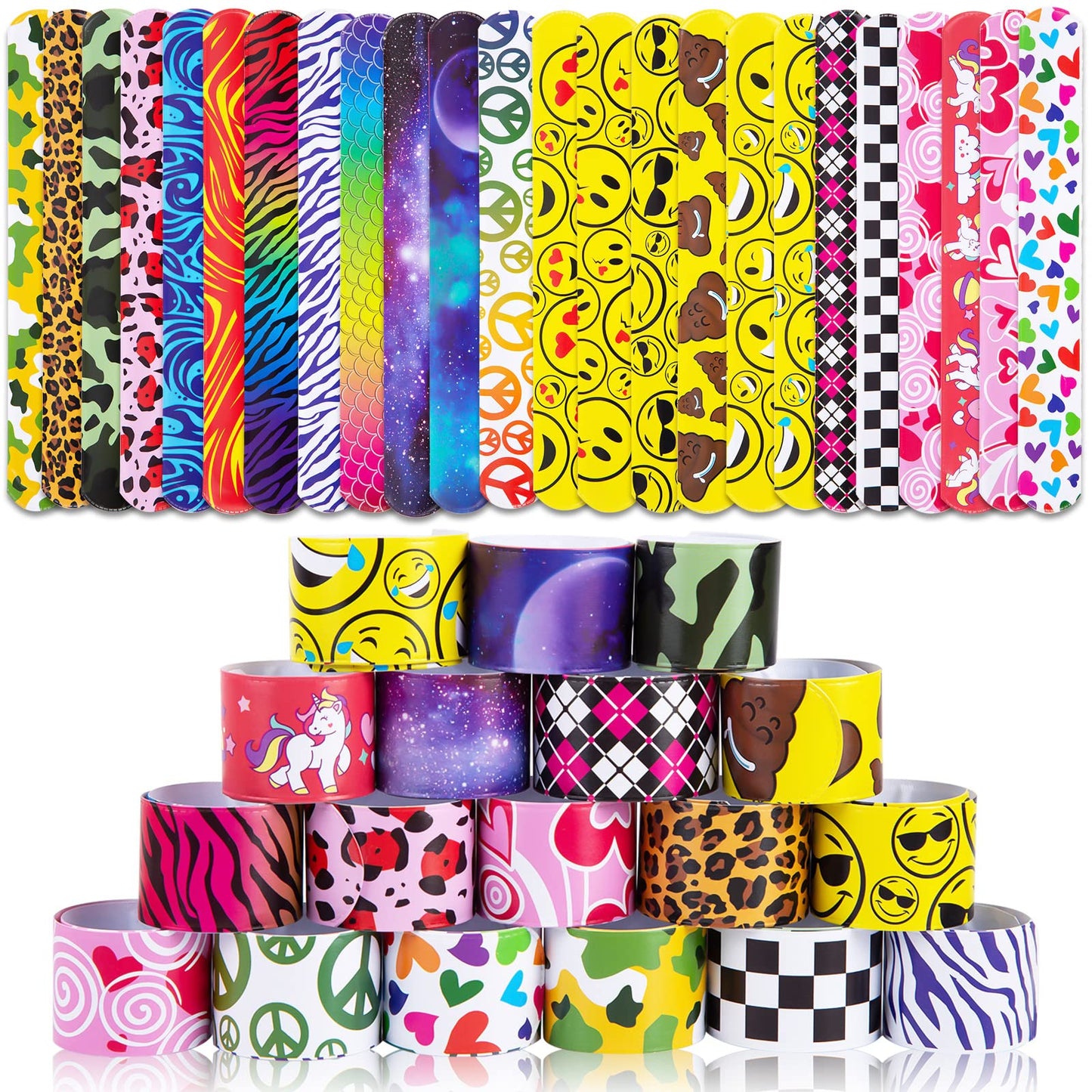 LovesTown Kids Slap Bracelets, 48PCS Slap Wristbands Snap Bracelets Emotions Camouflage Leopard Print Galaxy for kids Party Favo