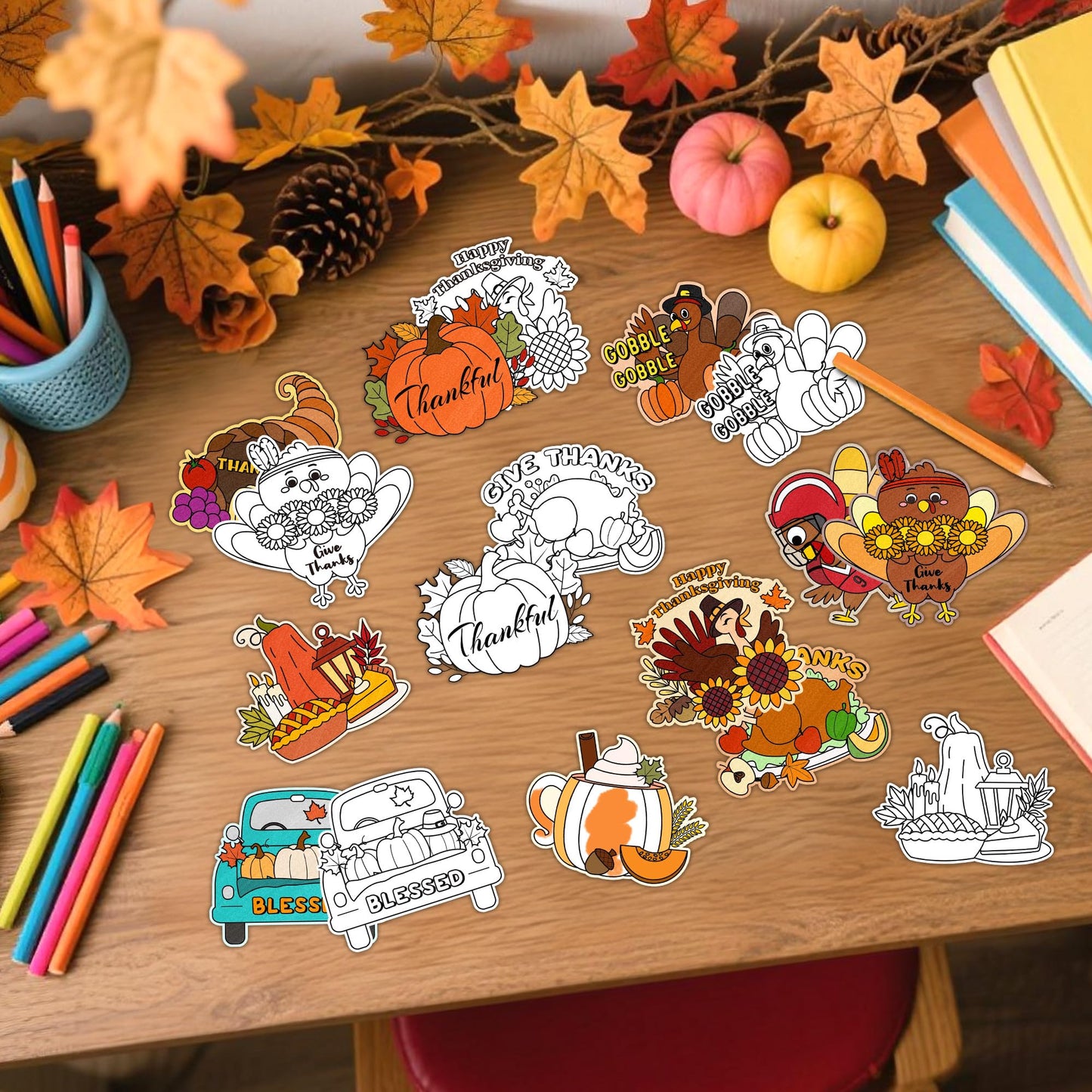 Thanksgiving Coloring Arts Crafts Kits - 30Pcs Fall Color Your Own Magnets for Kids Turkey Pumpkin Blank DIY Coloring Magnets fo