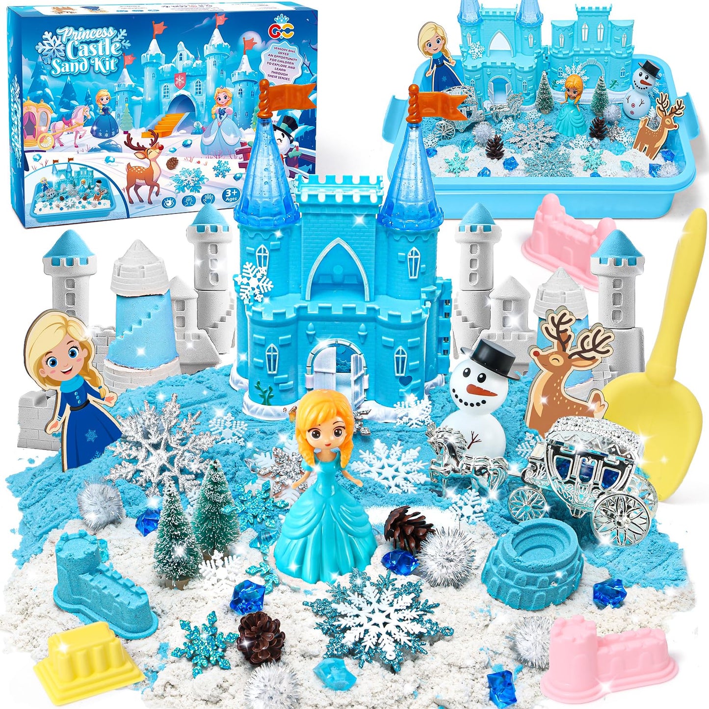 G.C Sensory Bin for Girl Kid Toy, Play Sand Art Kit with Sandbox/2lb Sand/Castle/Molds/Princess Figure, Winter Sensory Toy Chris