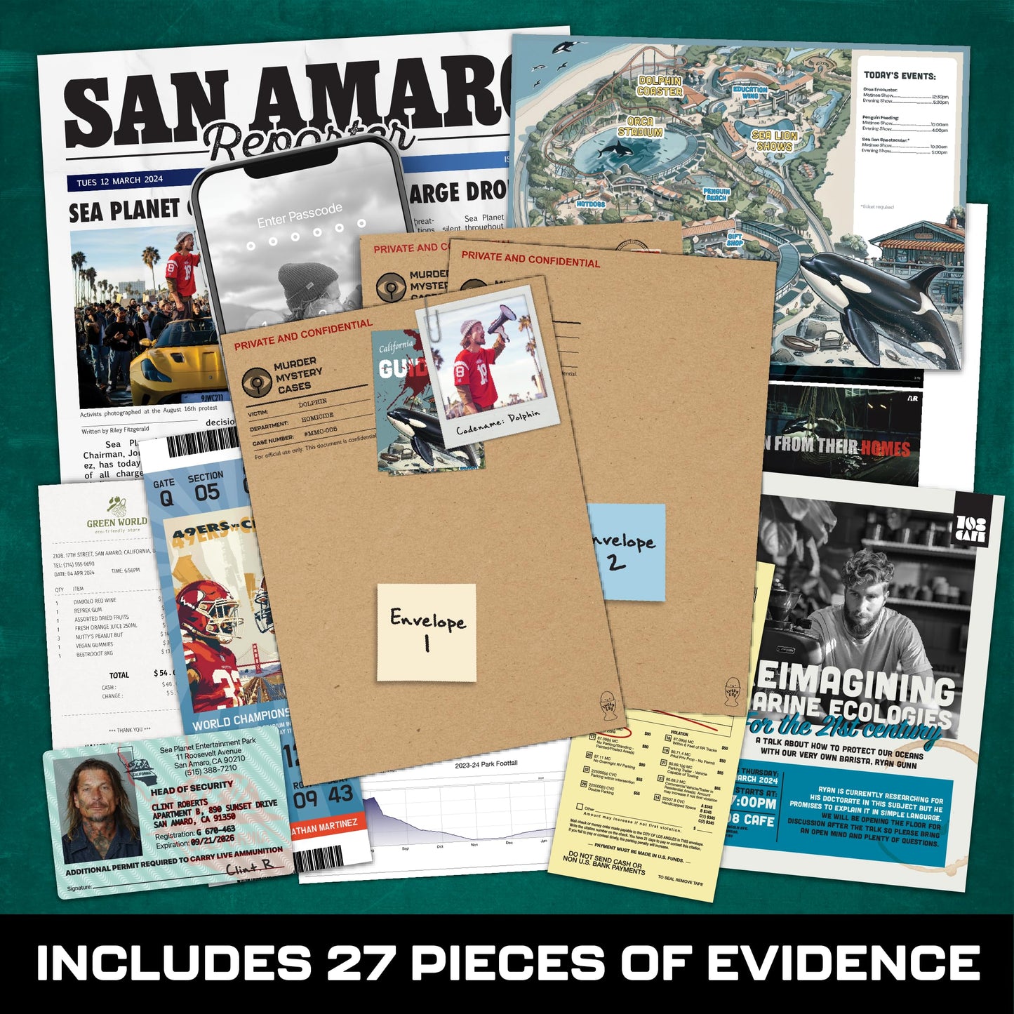 MMC Death of an Activist - Thrilling Murder Mystery Games for Adults at Sea Planet in California - 27 Evidence Pieces, 150 Min G