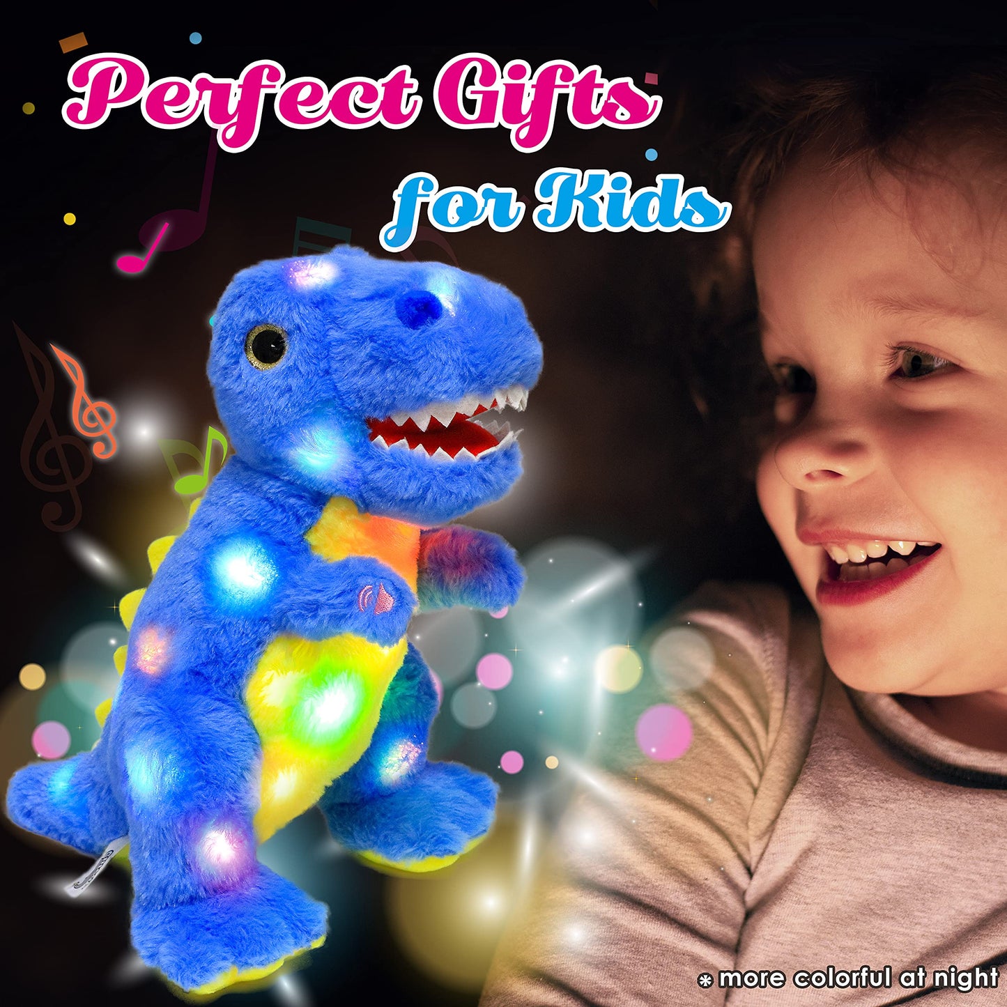 Cuteoy Blue Dinosaur Led Musical Stuffed Animal Light-Up Singing Plush T-Rex Adjustable Volume Lullaby Plushies Birthday Christmas Toy Gifts For Kids Toddler Girls, 12'