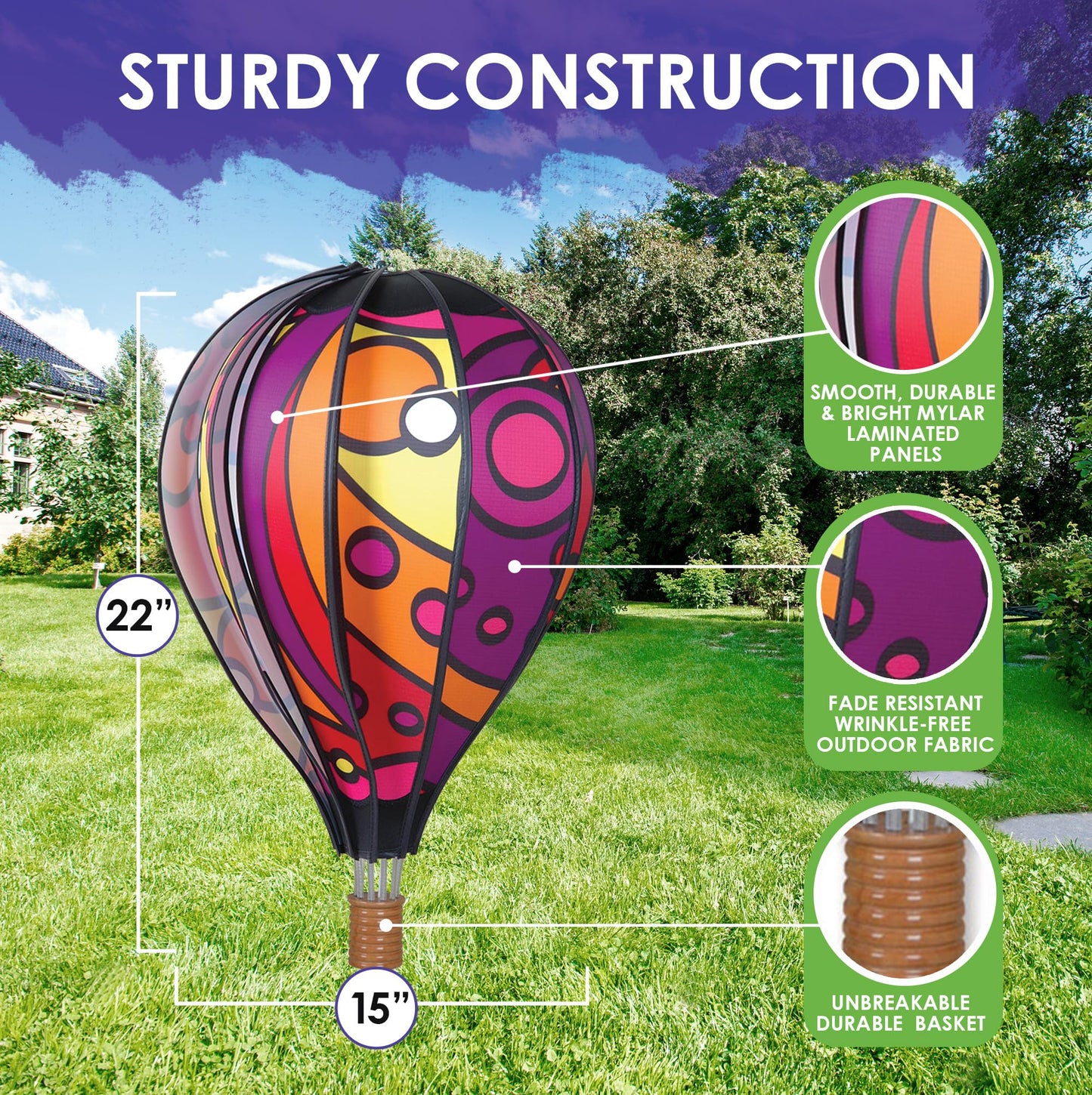 Hot Air Balloon Hanging Garden Spinner 22' - Vibrant Warm Orbit Design, Weather-Resistant Outdoor Decor, Durable & Lightweight For Patios, Yards, And Gardens - Eye-Catching Wind Spinner