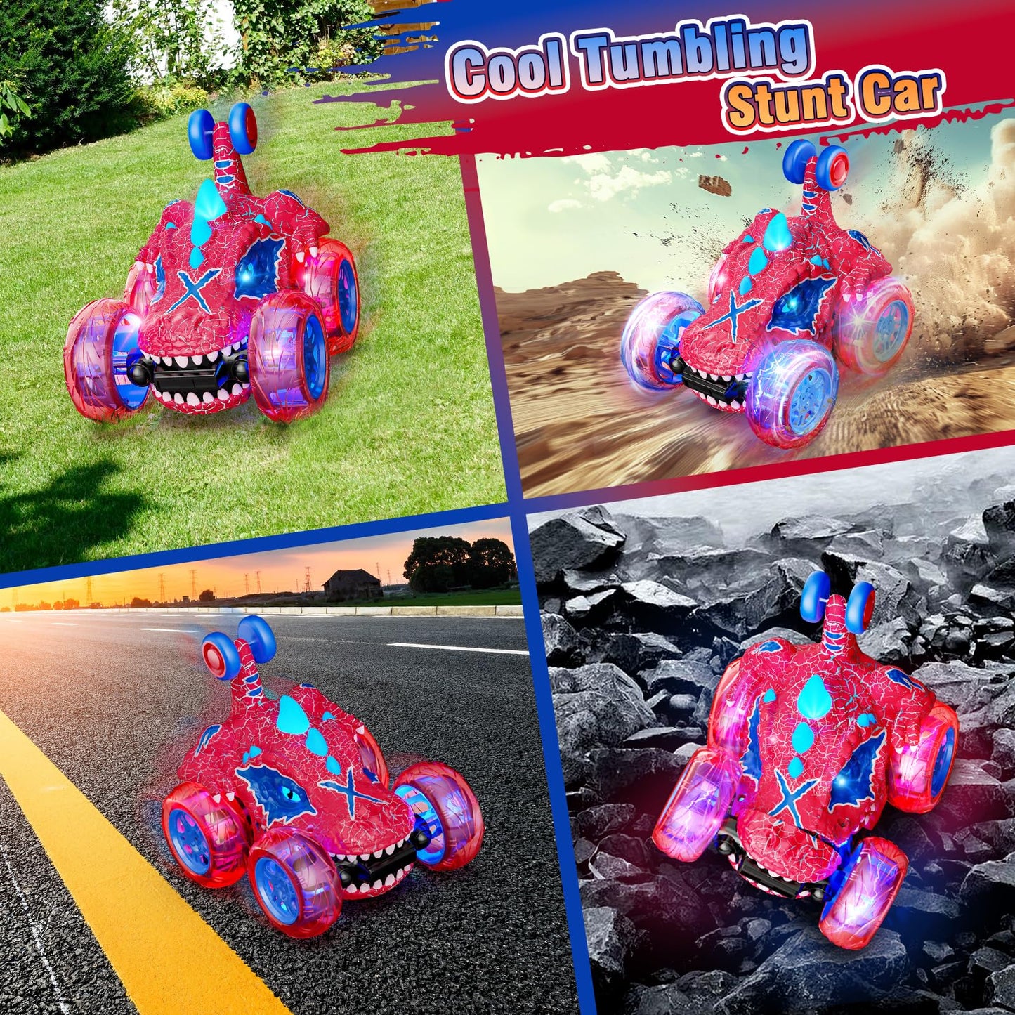 Carsky Remote Control Car RC Cars for Boy 360?Stunt Rotation 4WD Remote Cars for Kids 3-6 Double Sided Dinosaur Toy with Lights,