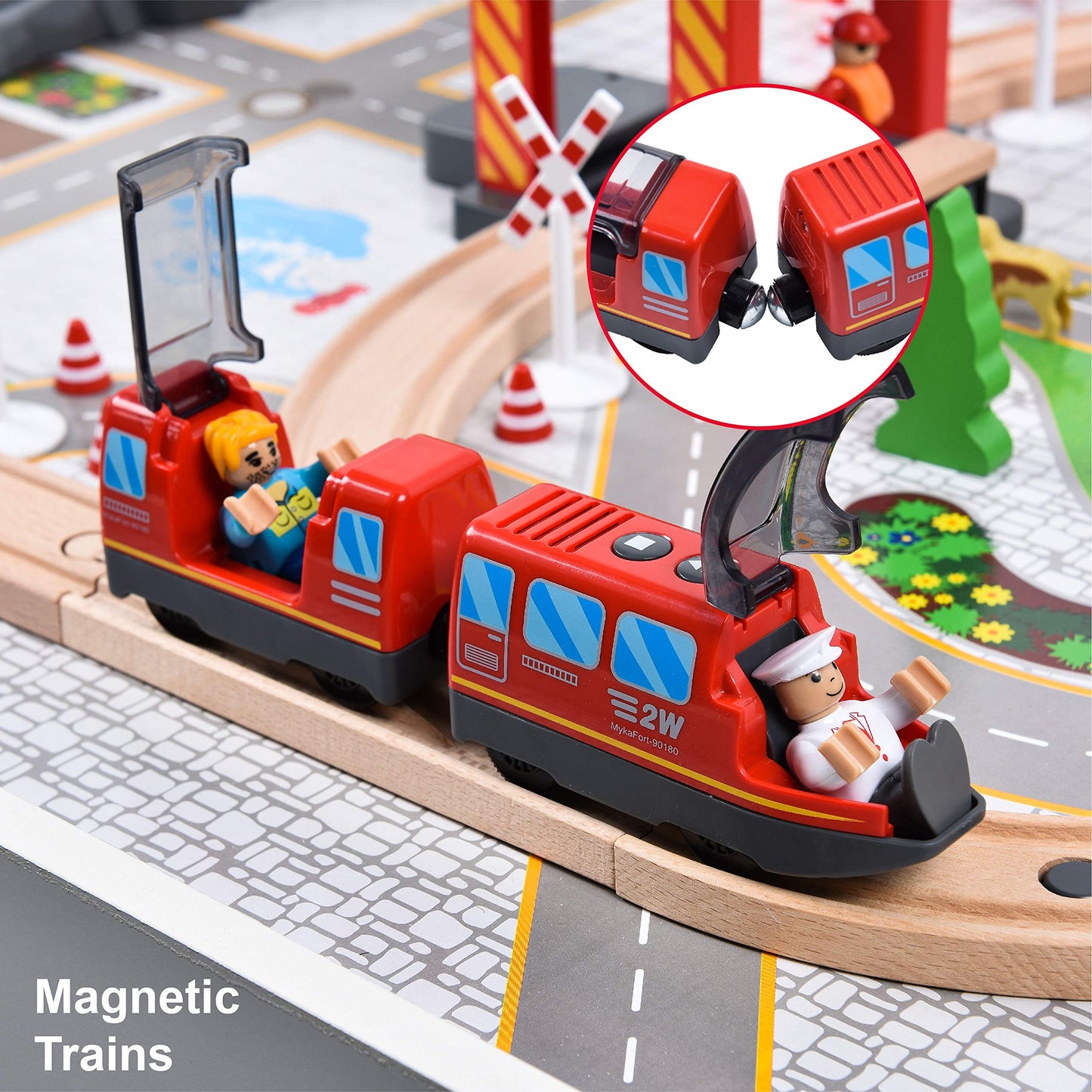 Giant Bean Battery Operated Action Locomotive (Magnetic Connection) Train Set For Wooden Train Tracks, Powerful Engine Compatible With Thomas, Brio, Chuggington Wooden Train Tracks, Toys For 3+