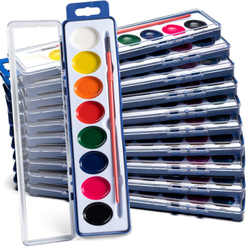 Bedwina Watercolor Paint Sets For Kids - Bulk Pack Of 12, 8 Washable Water Color Paints In Palette Tray And Painting Brush For Coloring, Art, Classrooms And Paint Party Supplies