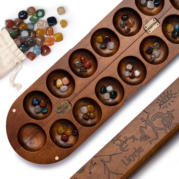 Lingle Deluxe Mancala Board Game Set - Real Wood Hinged Folding Board With 48 Mixed Natural Gemstones, Authentic African Petroglyphs, Foldable Design For 2-Player Strategy Game, Portable Game