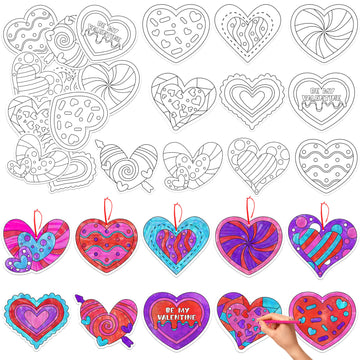 JAPBOR Valentine Heart Coloring Crafts - 83PCS Valentines Day Colour Cards Kits for Kids, Color Your Own Hearts Hanging Ornamen