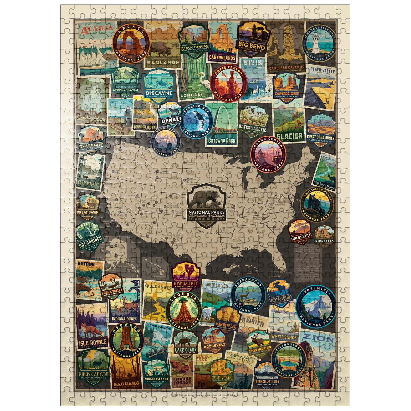 MyPuzzle 63 American National Parks: Collage Map  Vintage Poster - enhanced 500 Piece Jigsaw Puzzle for mature-themeds