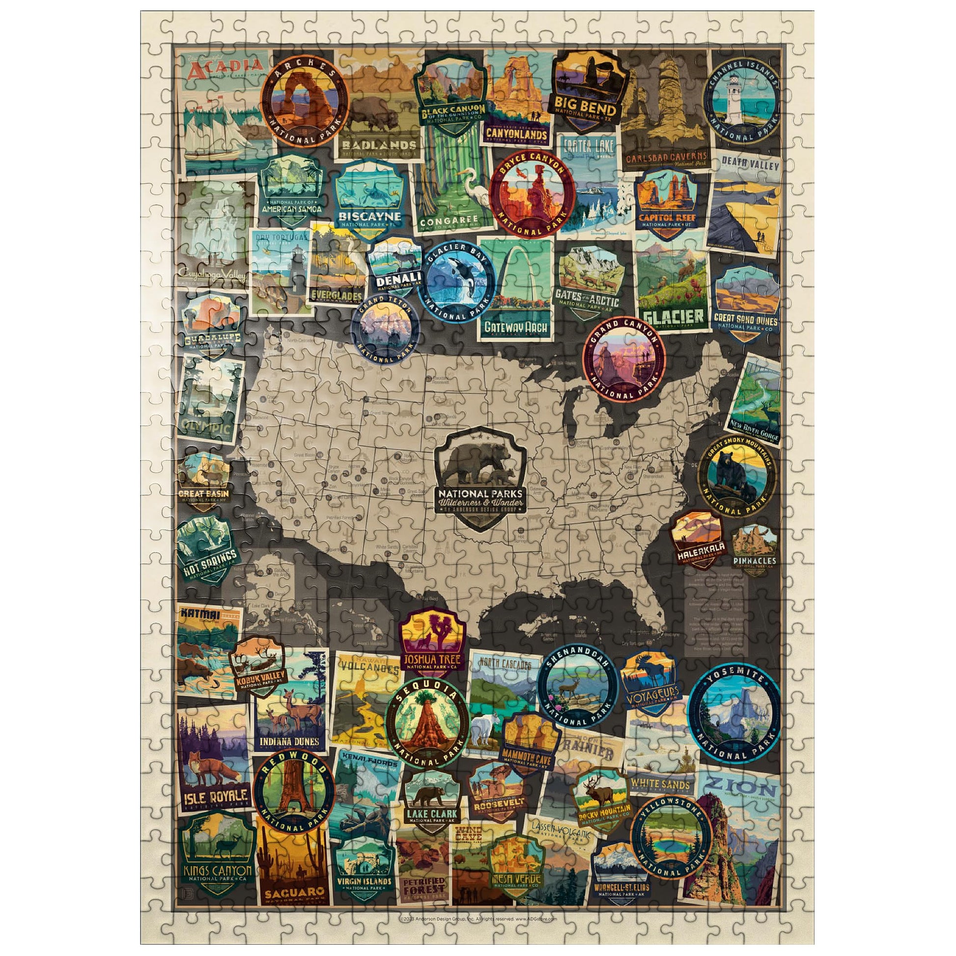 MyPuzzle 63 American National Parks: Collage Map  Vintage Poster - enhanced 500 Piece Jigsaw Puzzle for mature-themeds