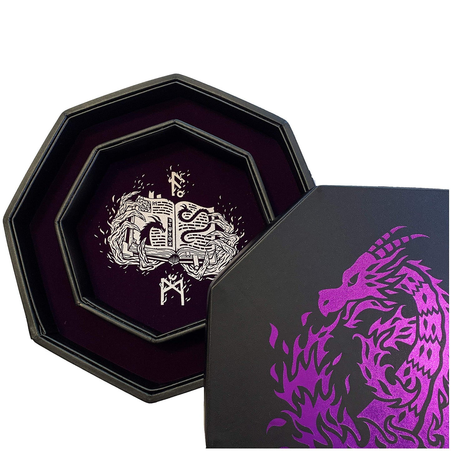 Fantasydice- Purple - Fire Dragon - Dice Tray - 8'' Octagon with Lid and Dice Staging Area- Holds 5 Sets of Dice(7 / Standard) f