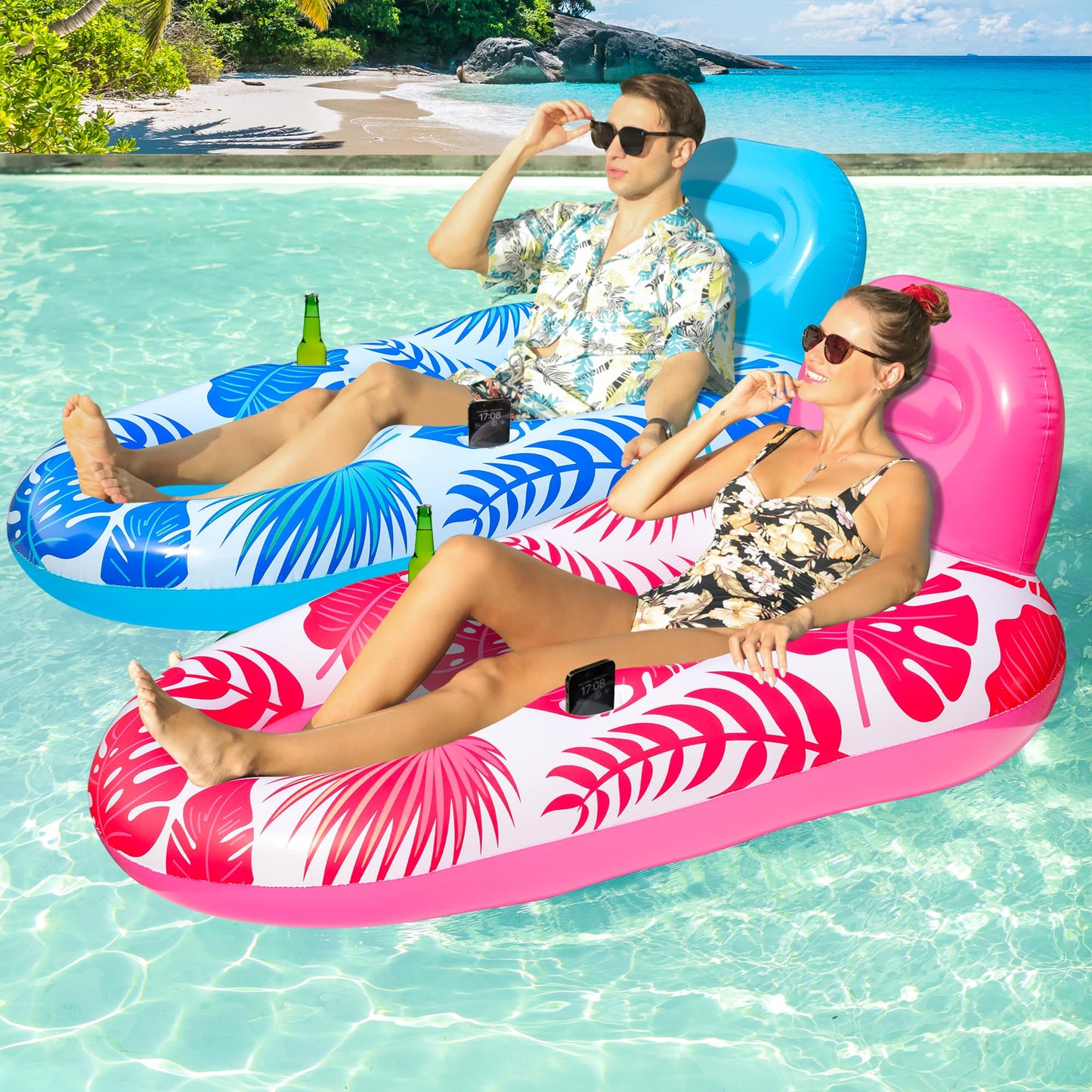 FindUWill Pool Floats mature-themed - 2 Pack Oversized Pool Chairs  Tanning Pool Lounger  Inflatable Pool Float Lounge with Cup  Phone Holder  Backrest  Footrest (Blue&Red)