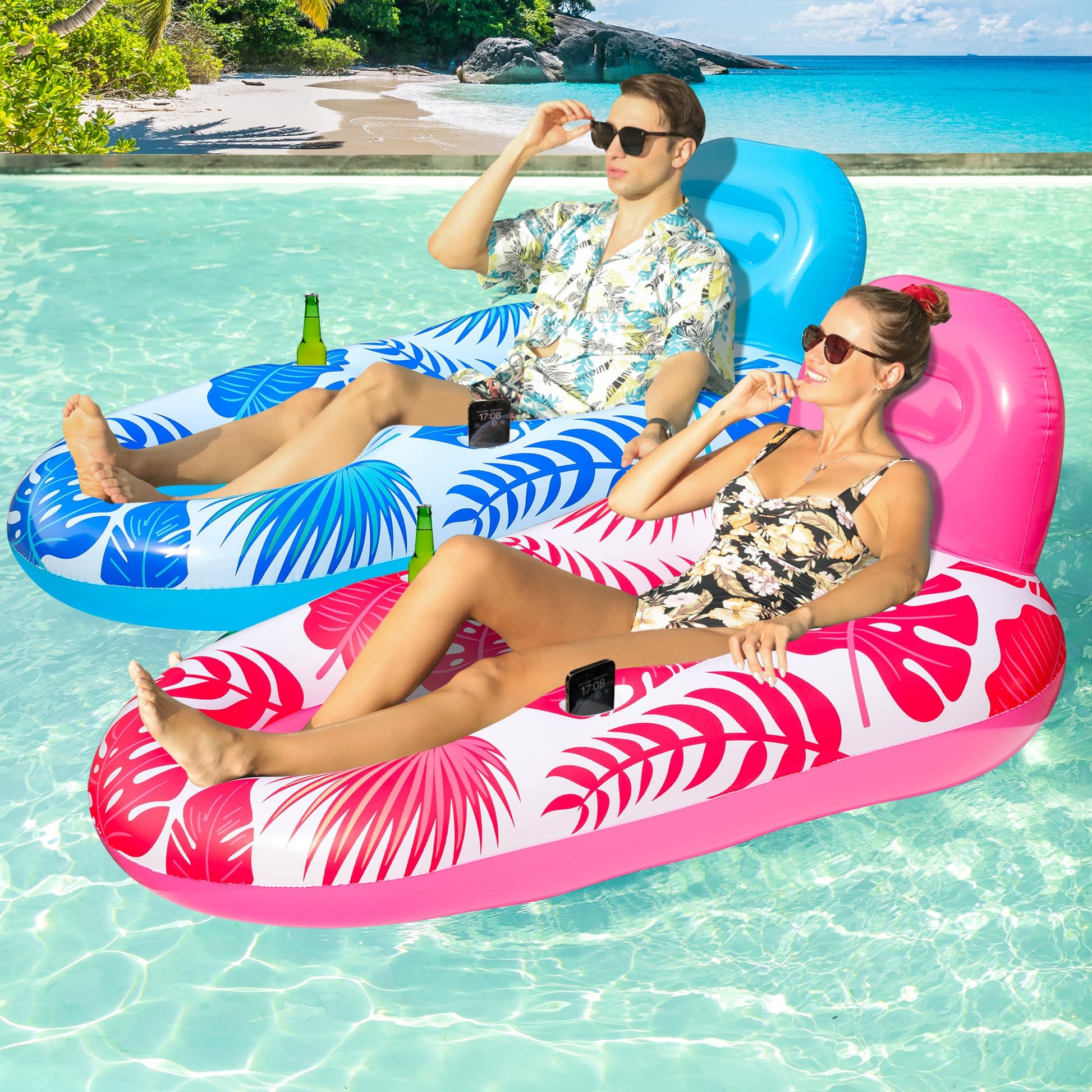 FindUWill Pool Floats mature-themed - 2 Pack Oversized Pool Chairs  Tanning Pool Lounger  Inflatable Pool Float Lounge with Cup  Phone Holder  Backrest  Footrest (Blue&Red)