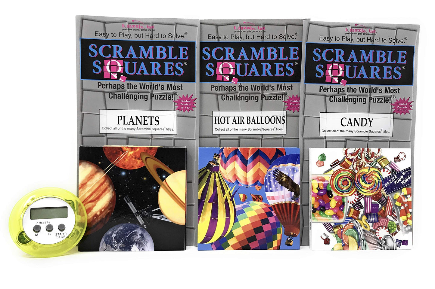 Bundle Of Scramble Squares B. Dazzle Puzzles For Seniors/Adults/Teens/Kids - 3 Puzzles Included - Hot Air Balloons, Planets And Candy With A Bonus Digital Timer