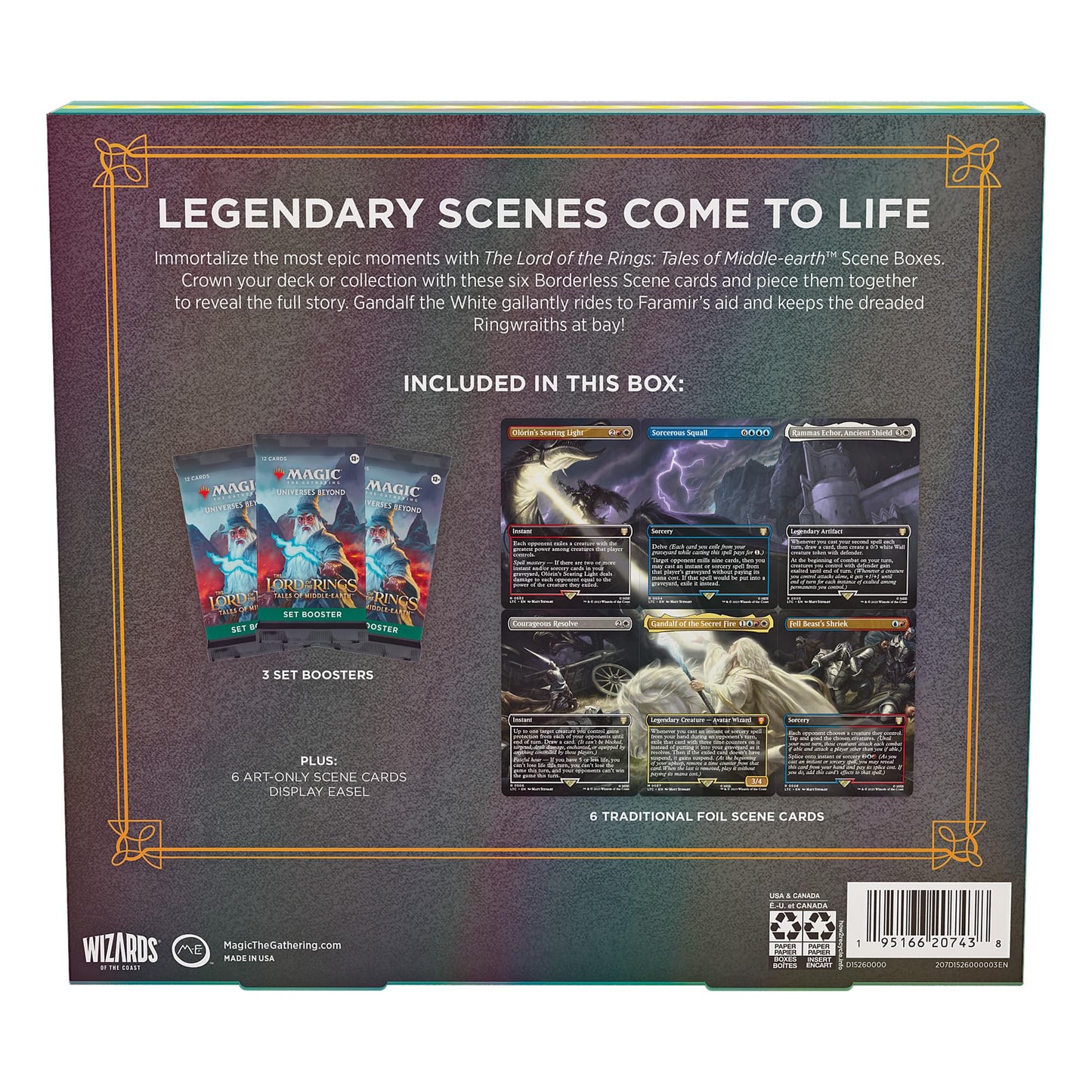 Magic The Gathering Scene Box - Gandalf in Pelennor Fields, 6 Scene Cards, 6 Art Cards, 3 Set Boosters, Multicolor, Model D34850000