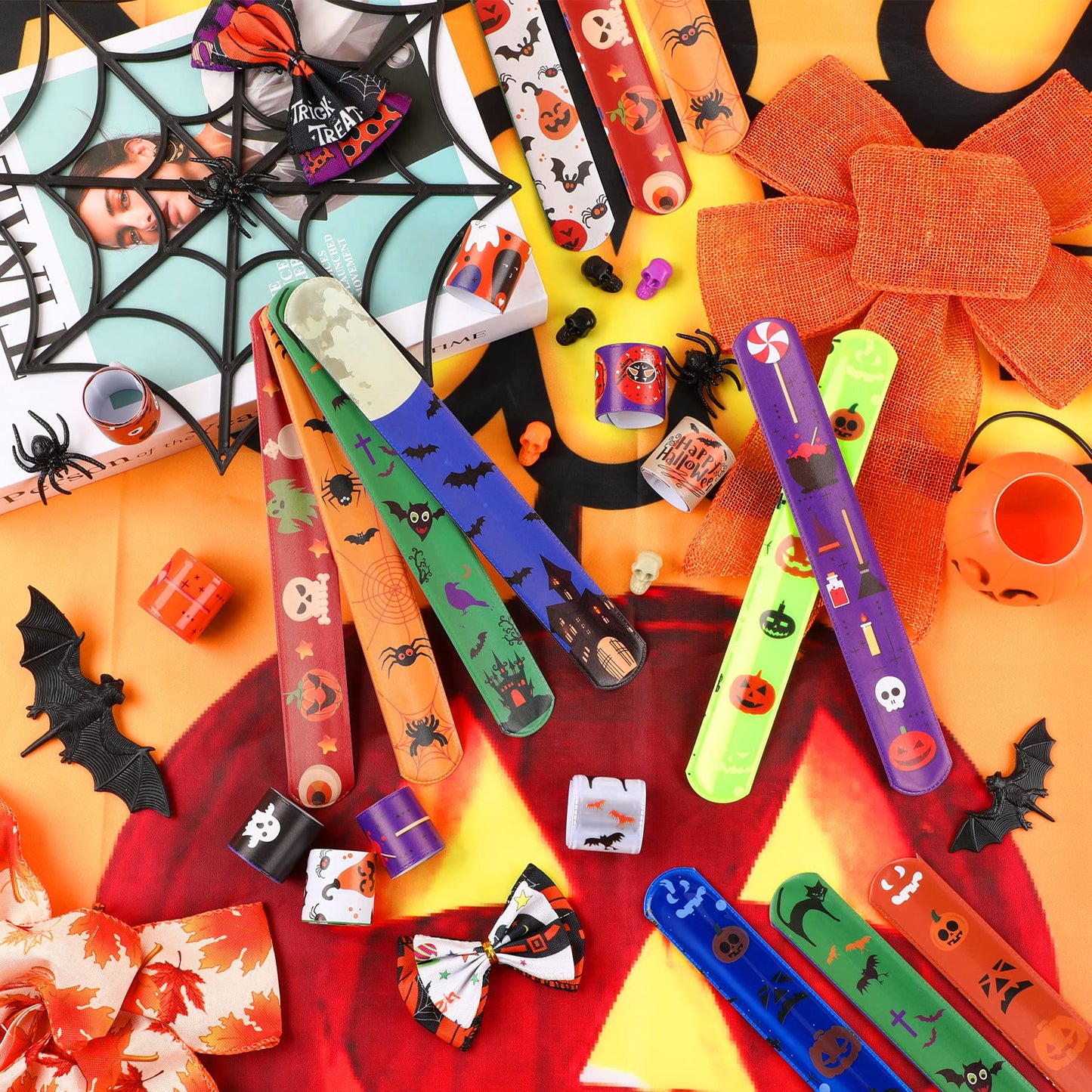 JUNEBRUSHS 56 PCS Halloween Slap Bracelets Halloween Party Favors Snap Bracelets Bulk Halloween Toys for Kids Girls Boys Birthda
