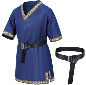 Kids Medieval Costume Boys Viking Tunic Knight Warrior Renaissance Shirts With Belt 8-10 Years Blue